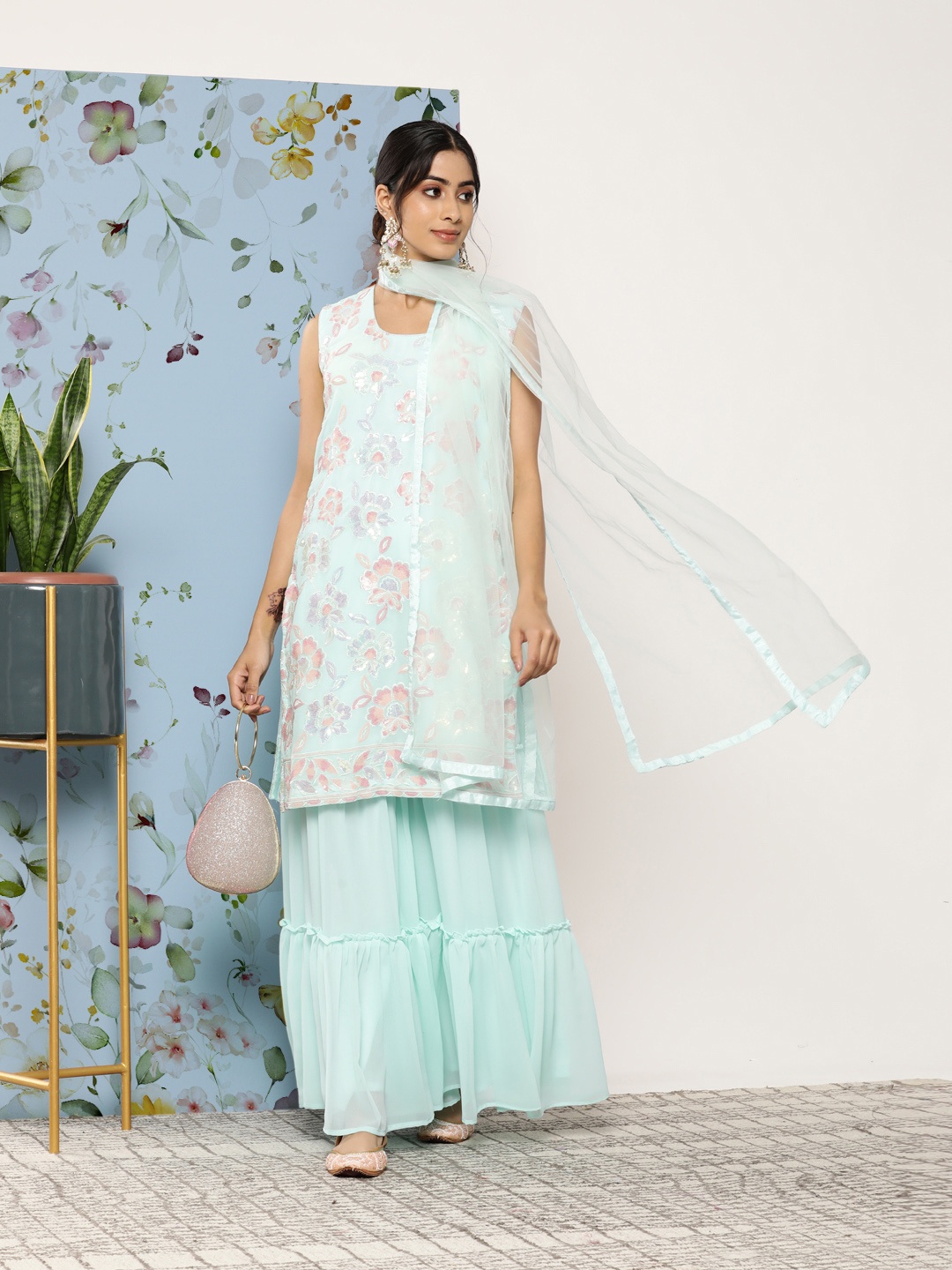 

SAARYA Floral Embroidered Sequinned Kurti with Sharara & Dupatta, Blue