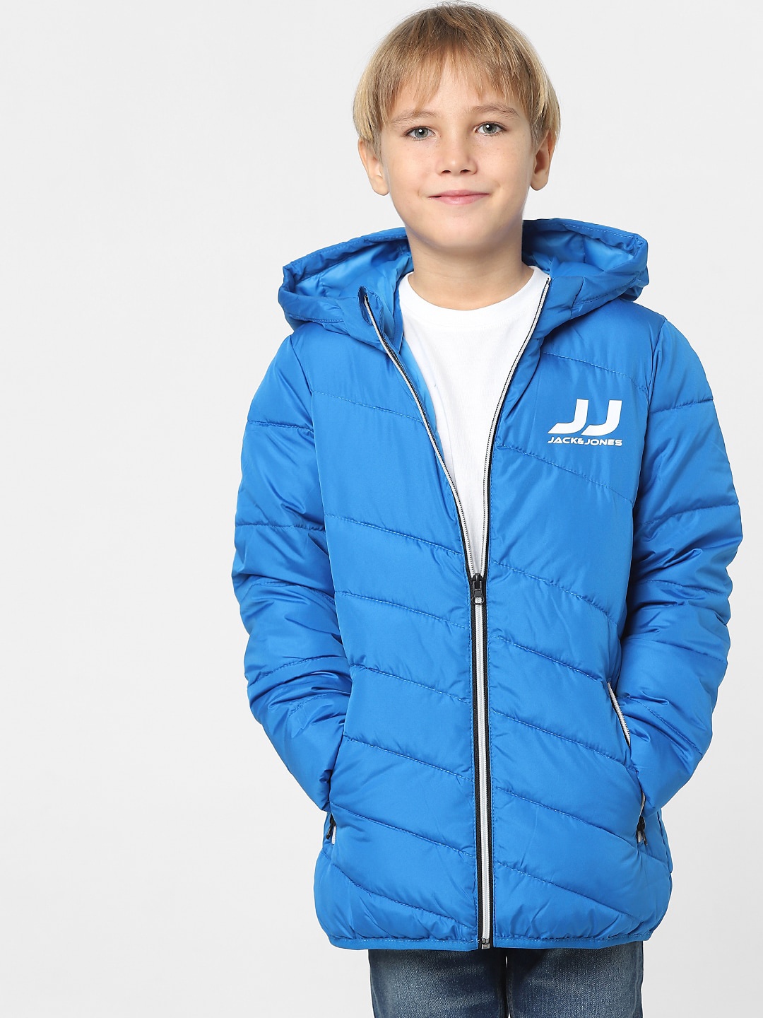 

Jack & Jones Junior Boys Blue Floral Crop Puffer Jacket with Patchwork