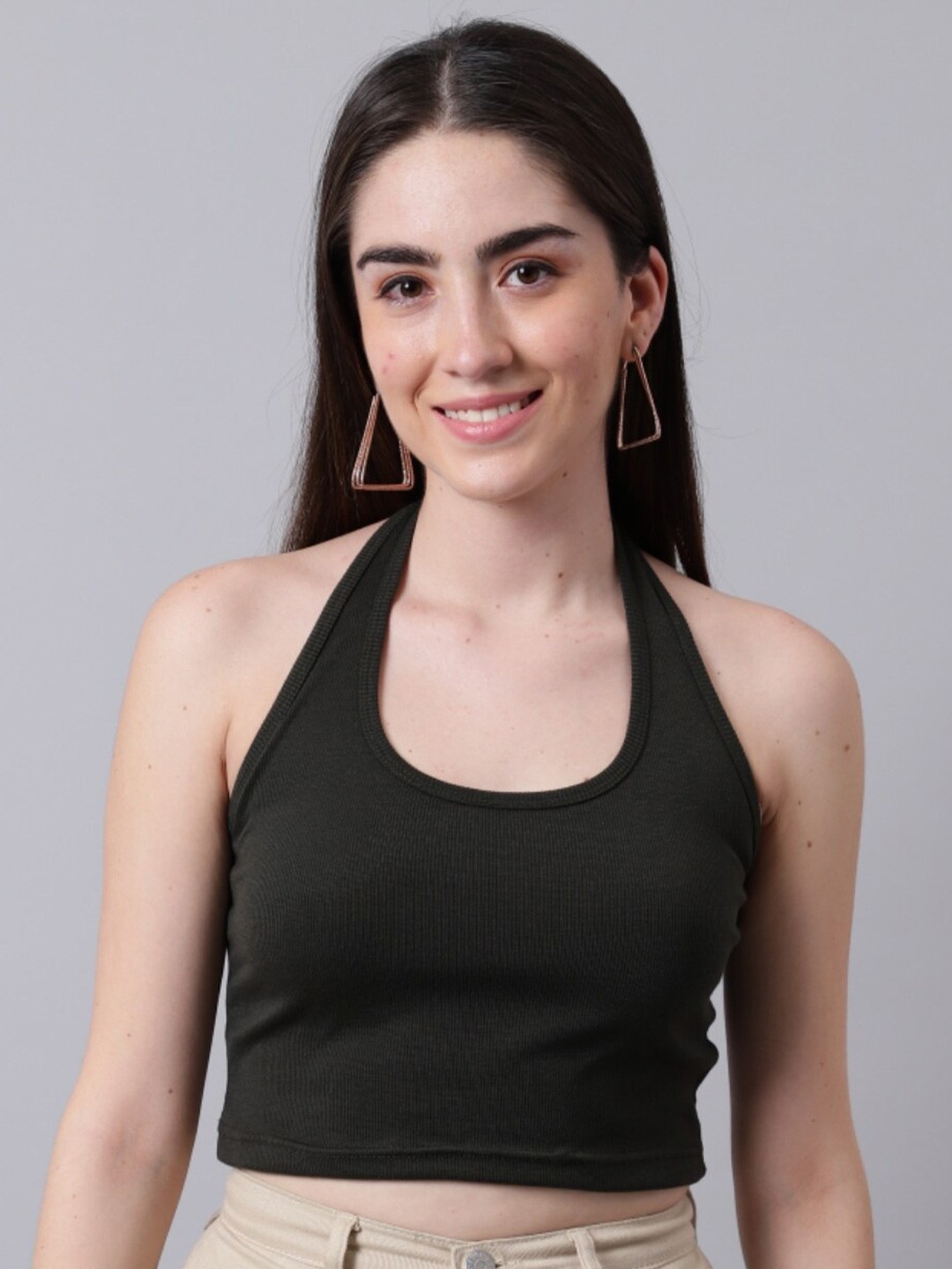 

River Of Design Jeans Olive Green Halter Neck Crop Top