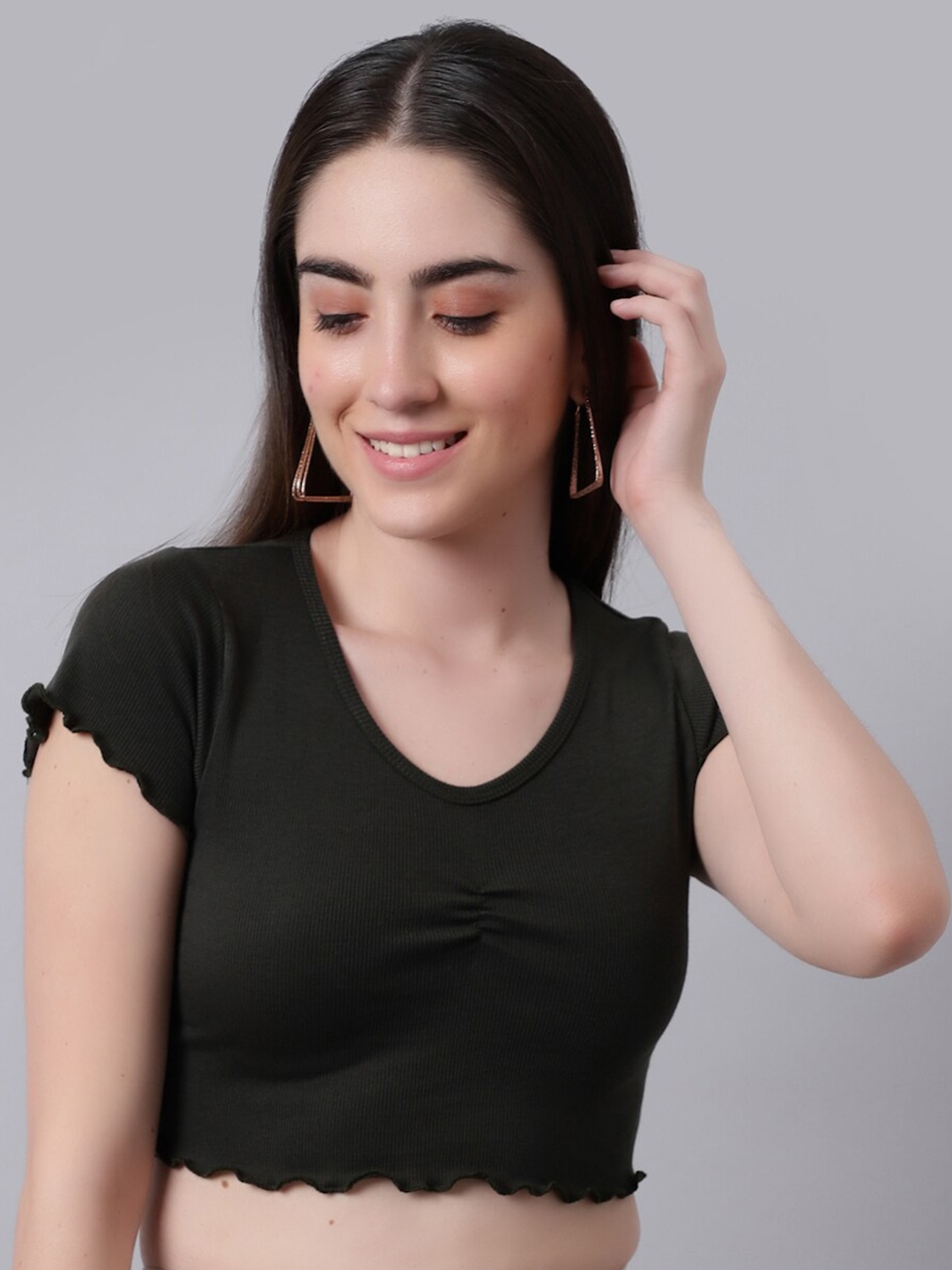 

River Of Design Jeans WomenOlive Green Solid Cotton Crop Top, Olive