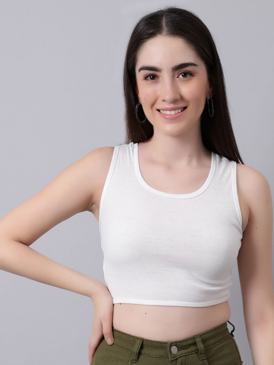 

River Of Design Jeans Women White Solid Pure Cotton Fitted Crop Top