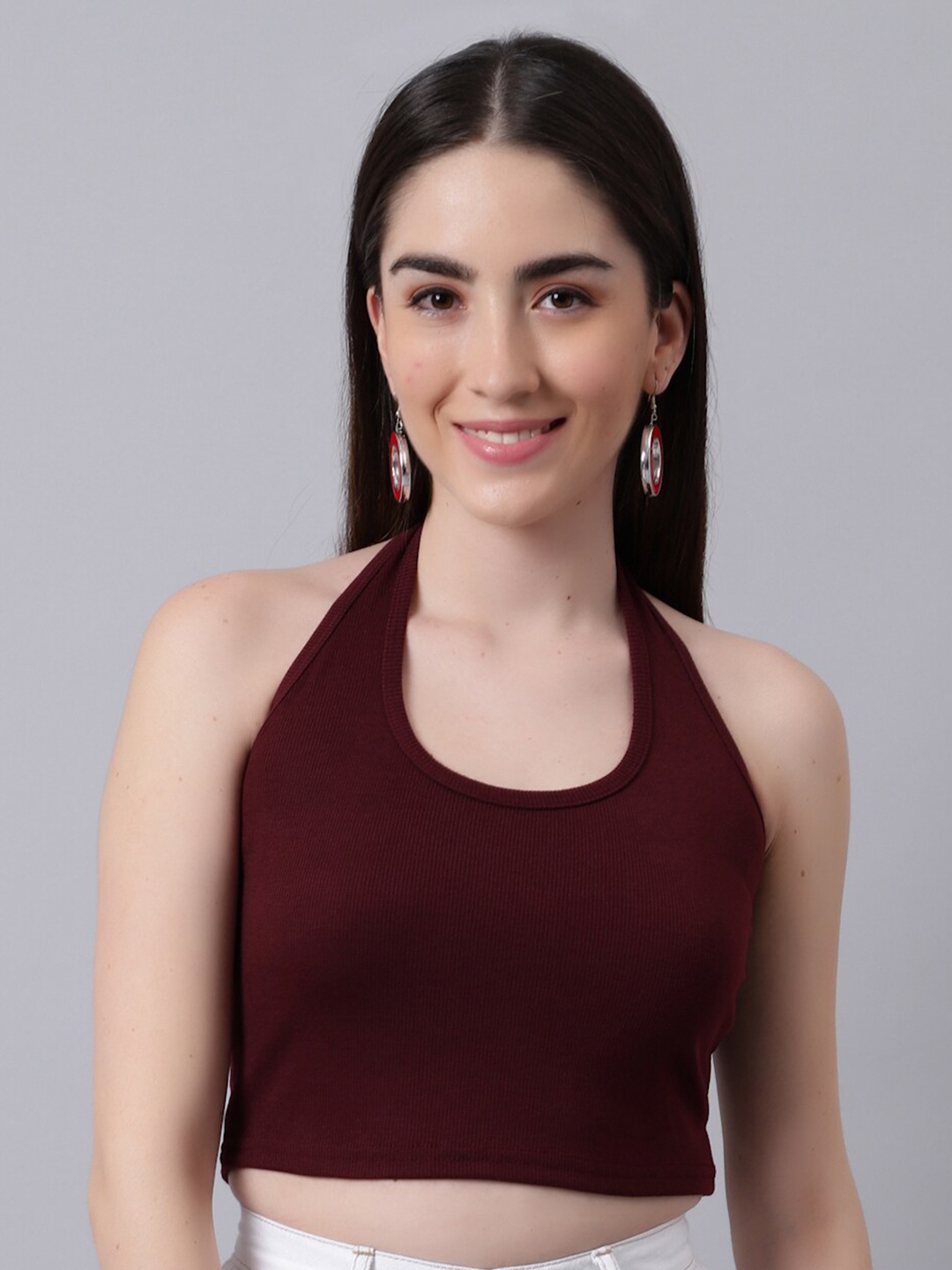 

River Of Design Jeans Maroon Halter Neck Crop Top