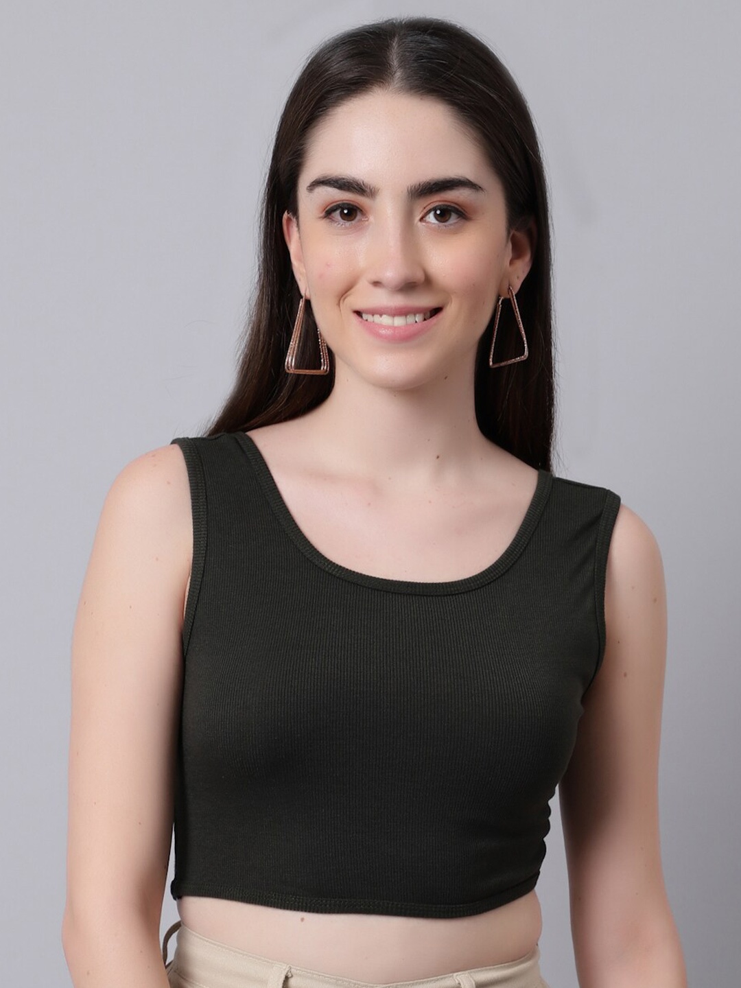 

River Of Design Jeans Women Olive Green Solid Cotton Crop Top
