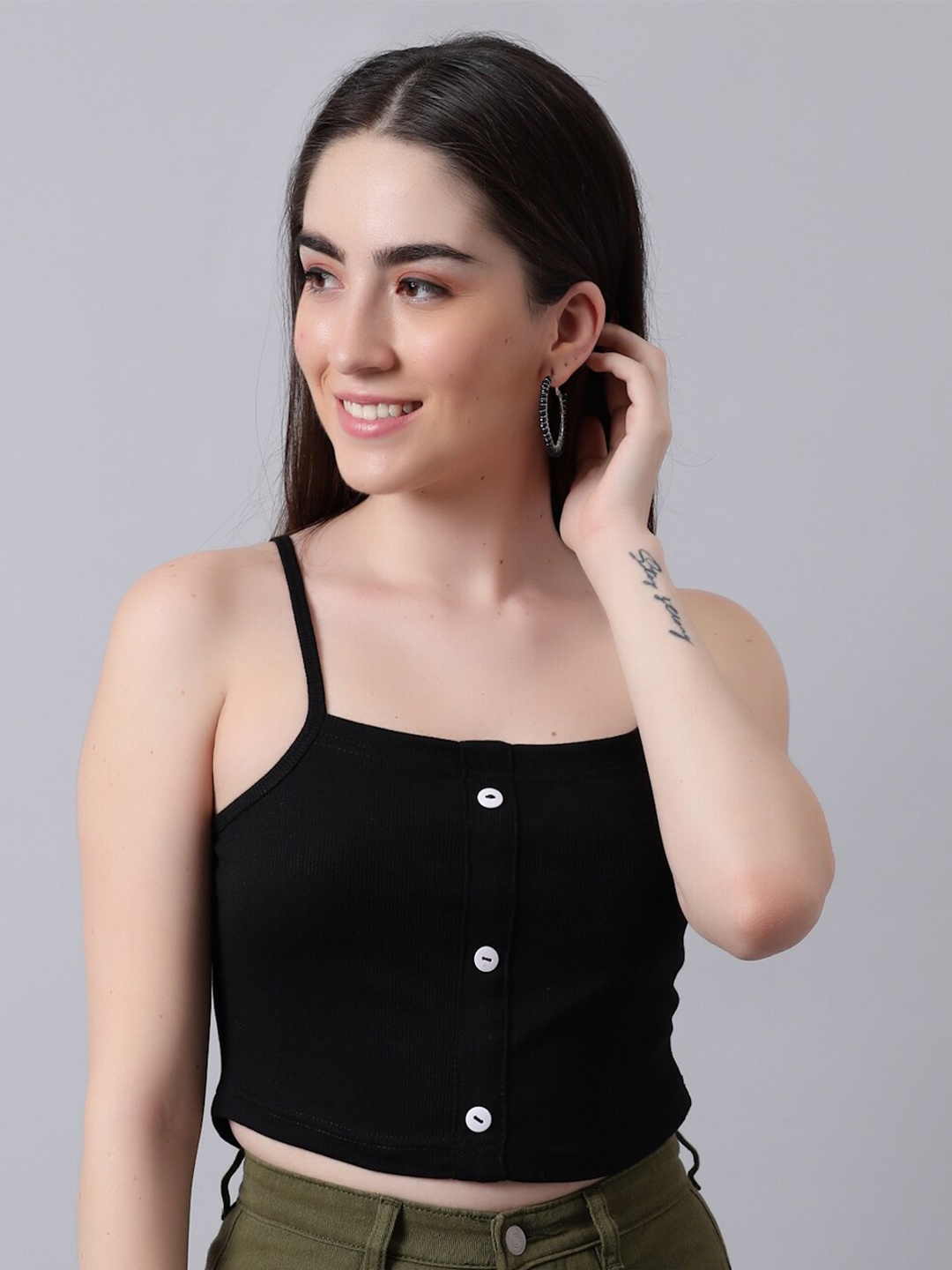 

River Of Design Jeans Women Black Cotton Crop Top