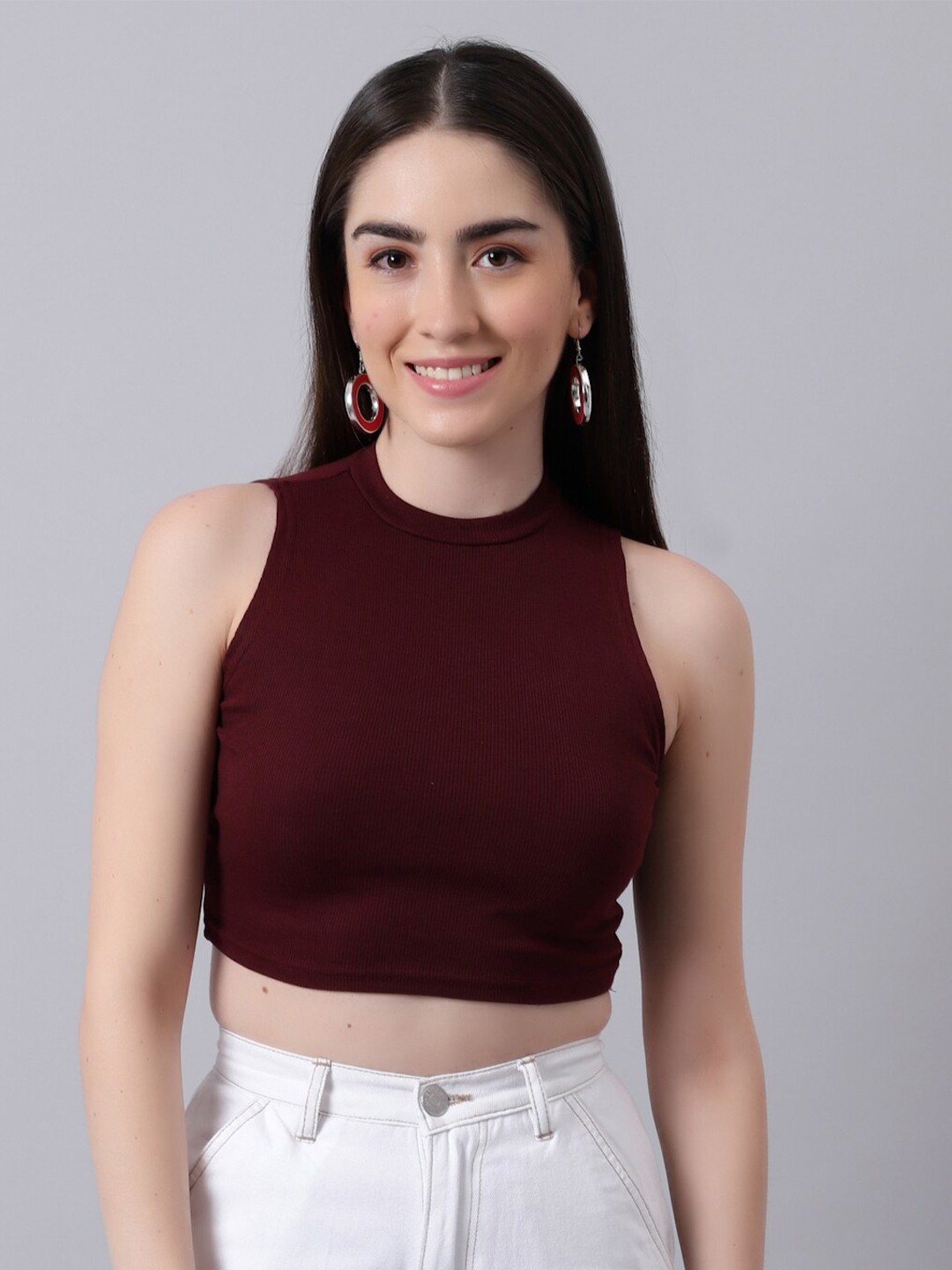 

River Of Design Jeans Women Maroon Fitted Cotton Crop Top