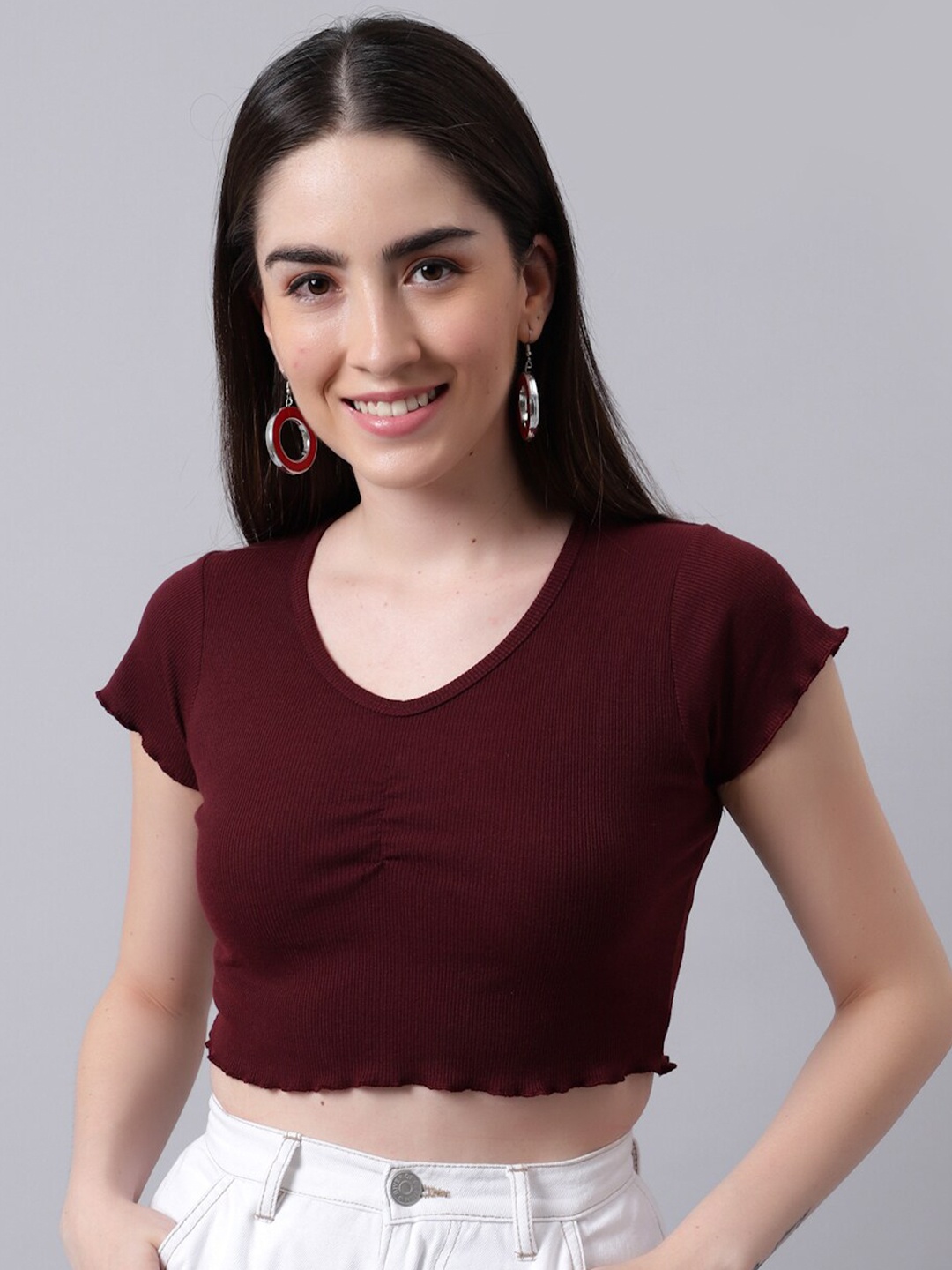 

River Of Design Jeans Women Maroon Solid Pure Cotton Regular Crop Top