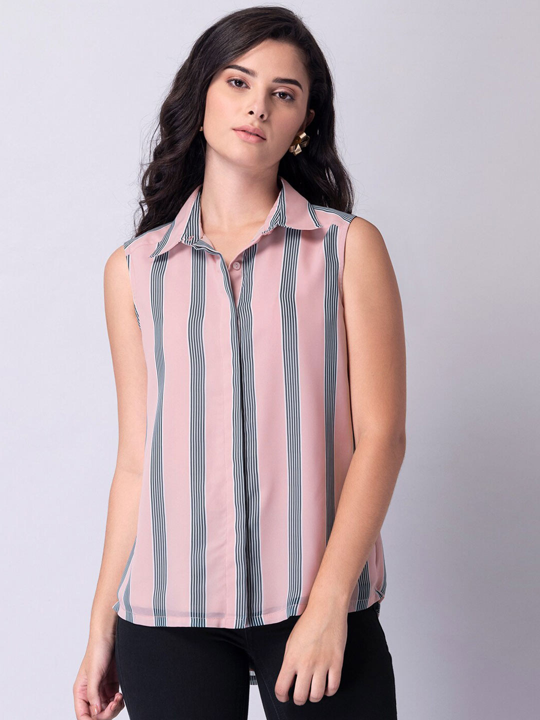 

FabAlley Pink Striped Georgette Shirt Style Top
