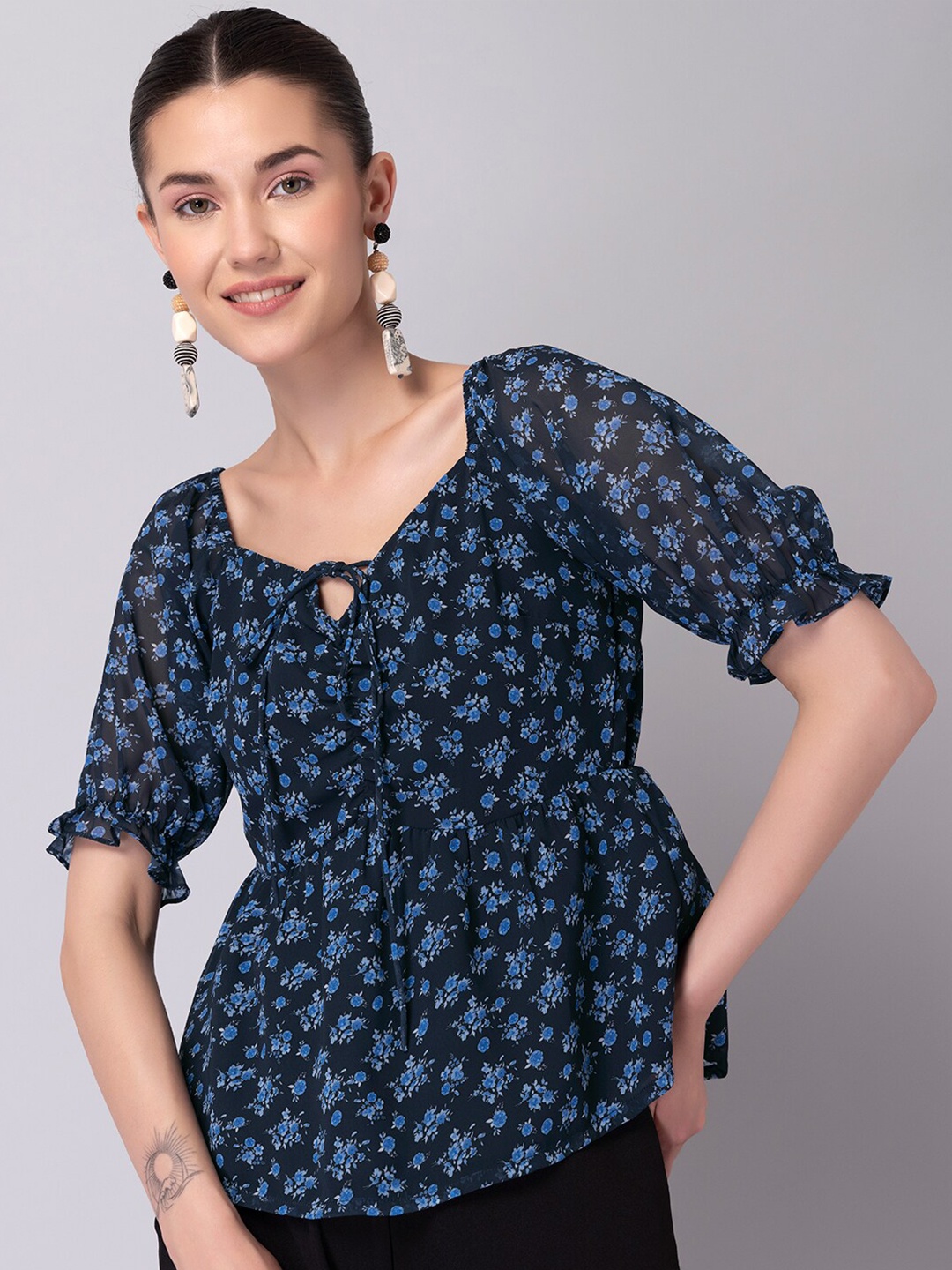 

FabAlley Navy Blue Floral Print Tie-Up Neck Georgette Empire Top