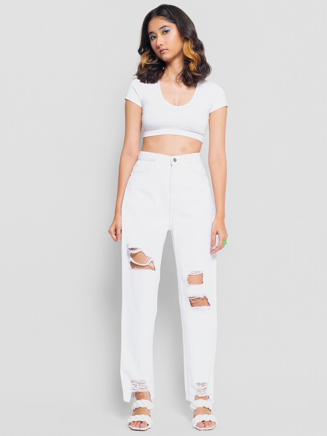 

FREAKINS Women White High-Rise Highly Distressed Jeans