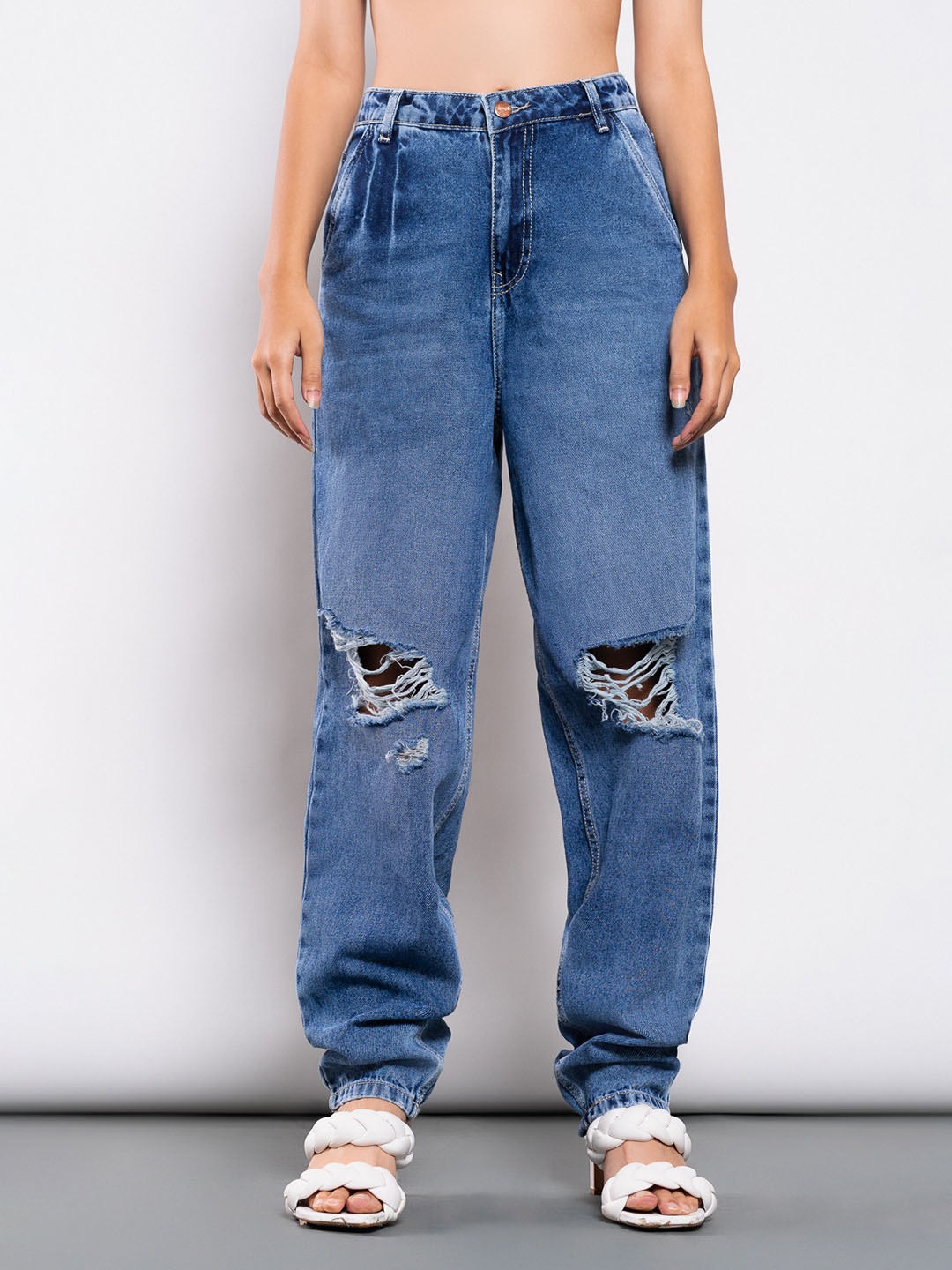 

FREAKINS Women Blue Tapered Fit High-Rise Mildly Distressed Light Fade Jeans