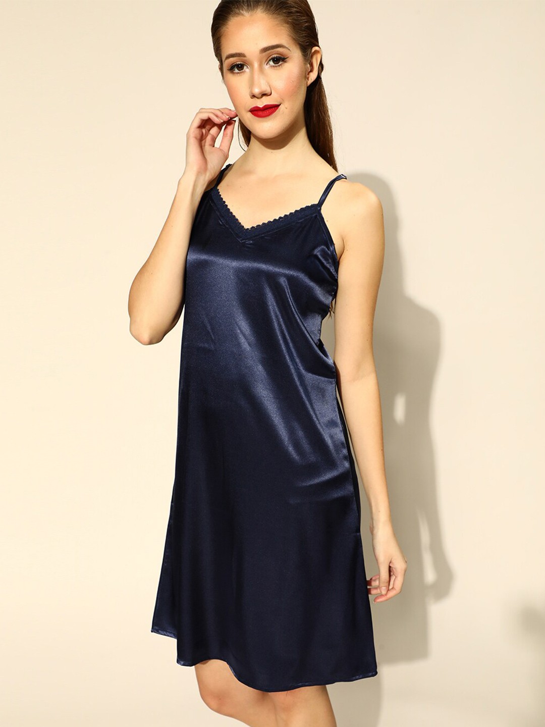 

I like me Women Navy Blue Solid Shoulder Strap Sweat Nightdress