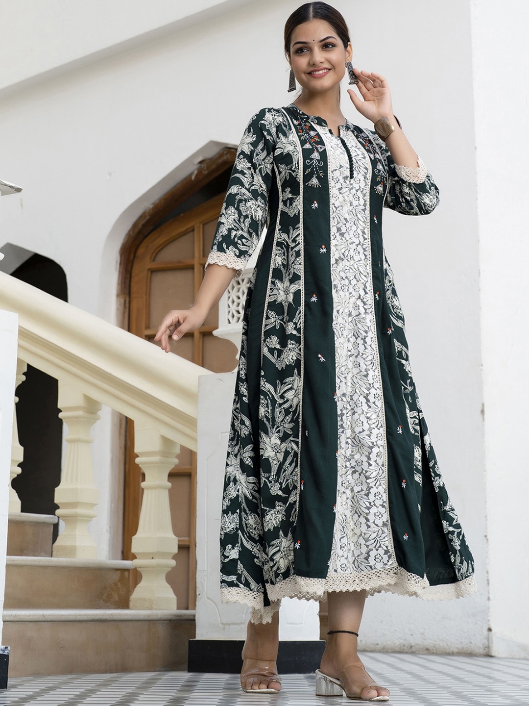 

PREKSHA Women Floral Embroidered Panelled Maxi Ethnic Dress, Green