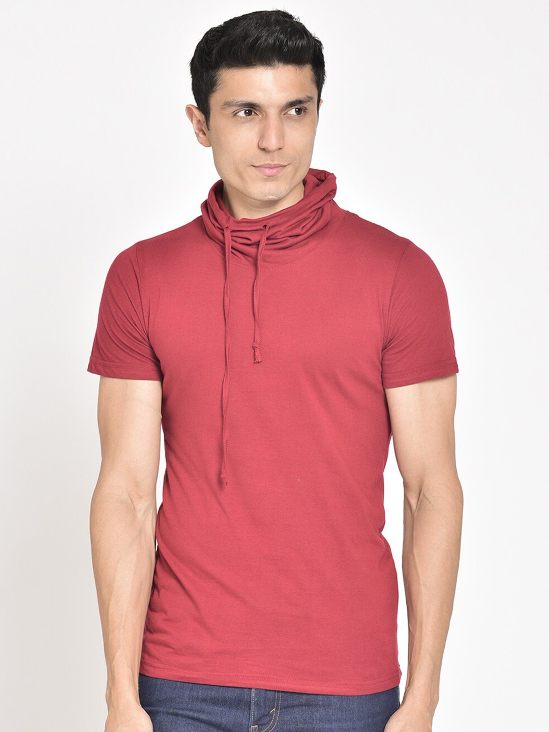 

Tinted Men Maroon Cotton High Neck T-shirt