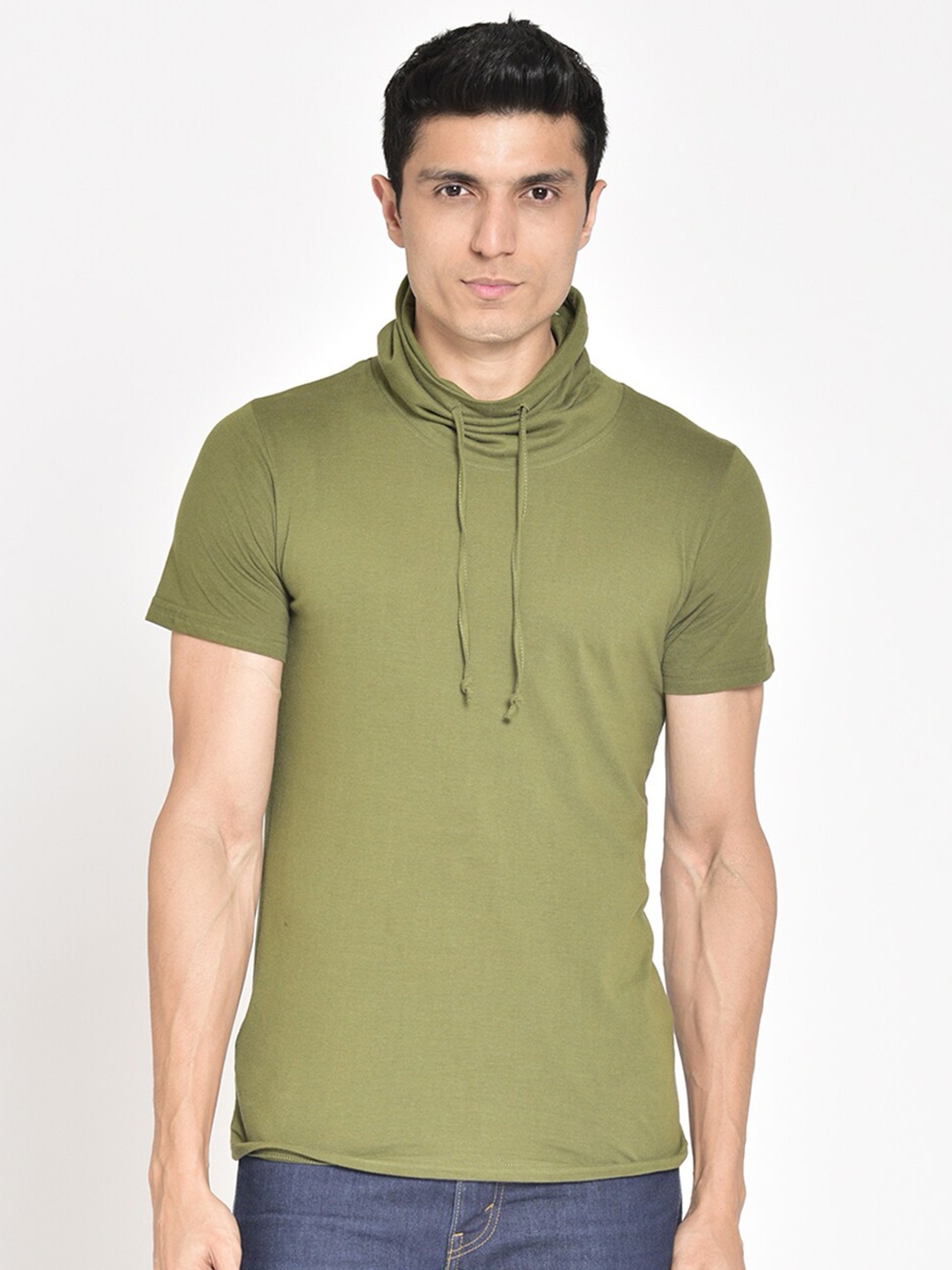 

Tinted Men Olive Green Cotton High Neck T-shirt