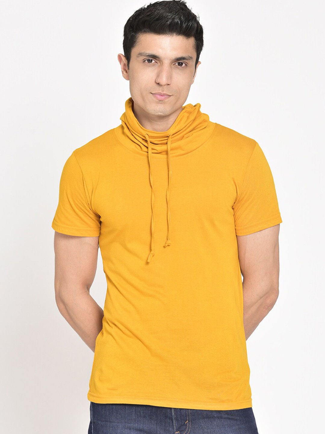 

Tinted Men Mustard Yellow High Neck Cotton T-shirt