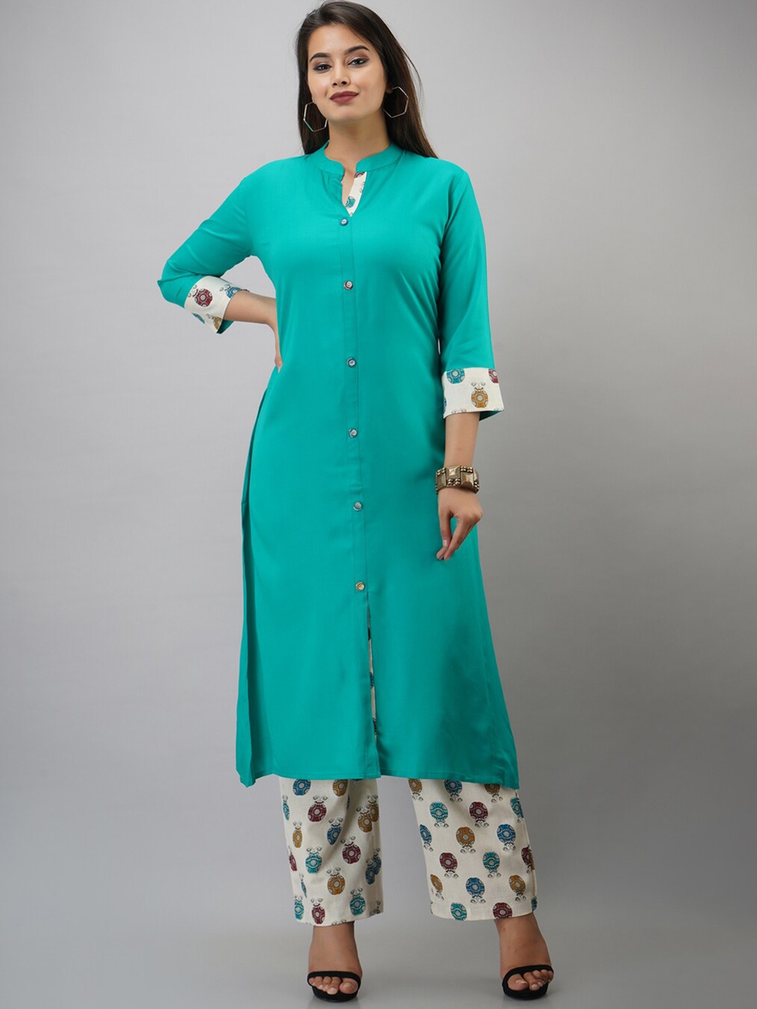 

MAUKA Women Green Solid A-line Kurta with Printed Palazzo