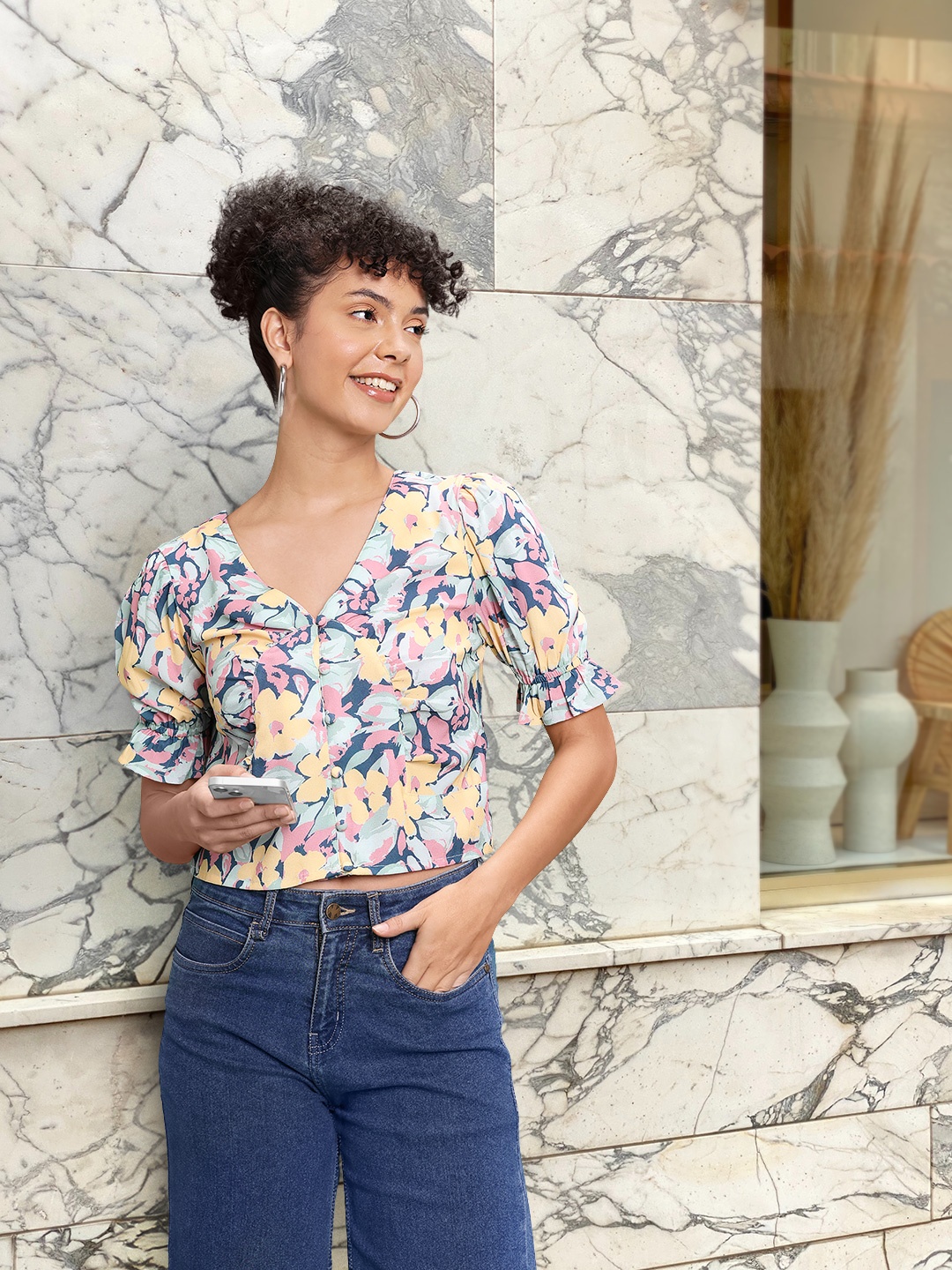 

U S Polo Assn Women Blue Floral Print Top