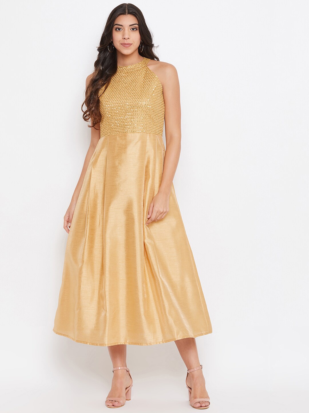 

HELLO DESIGN Gold-Toned Embellished Halter Neck Satin A-Line Midi Dress