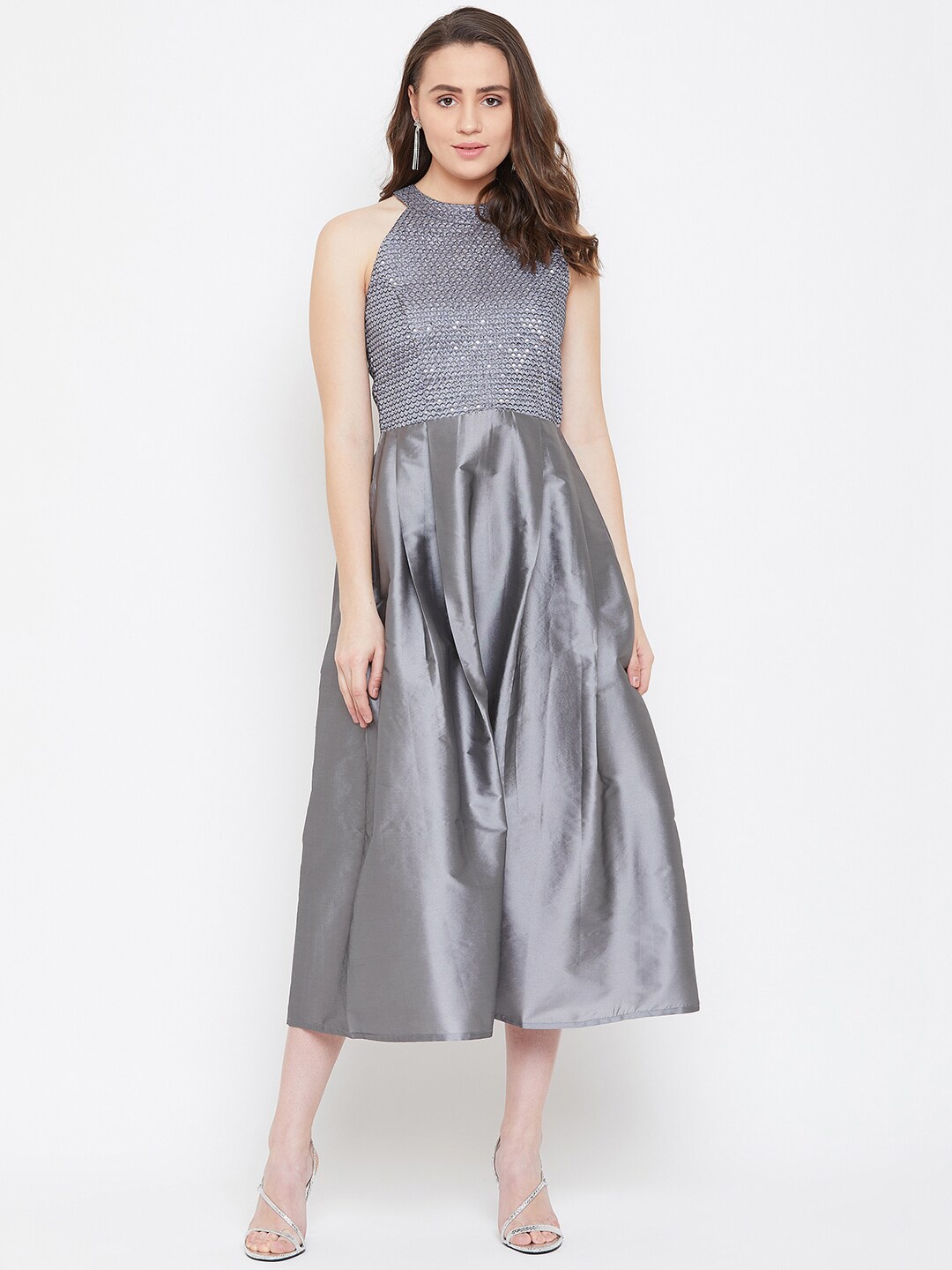 

HELLO DESIGN Grey Embellished Halter Neck Satin A-Line Midi Dress