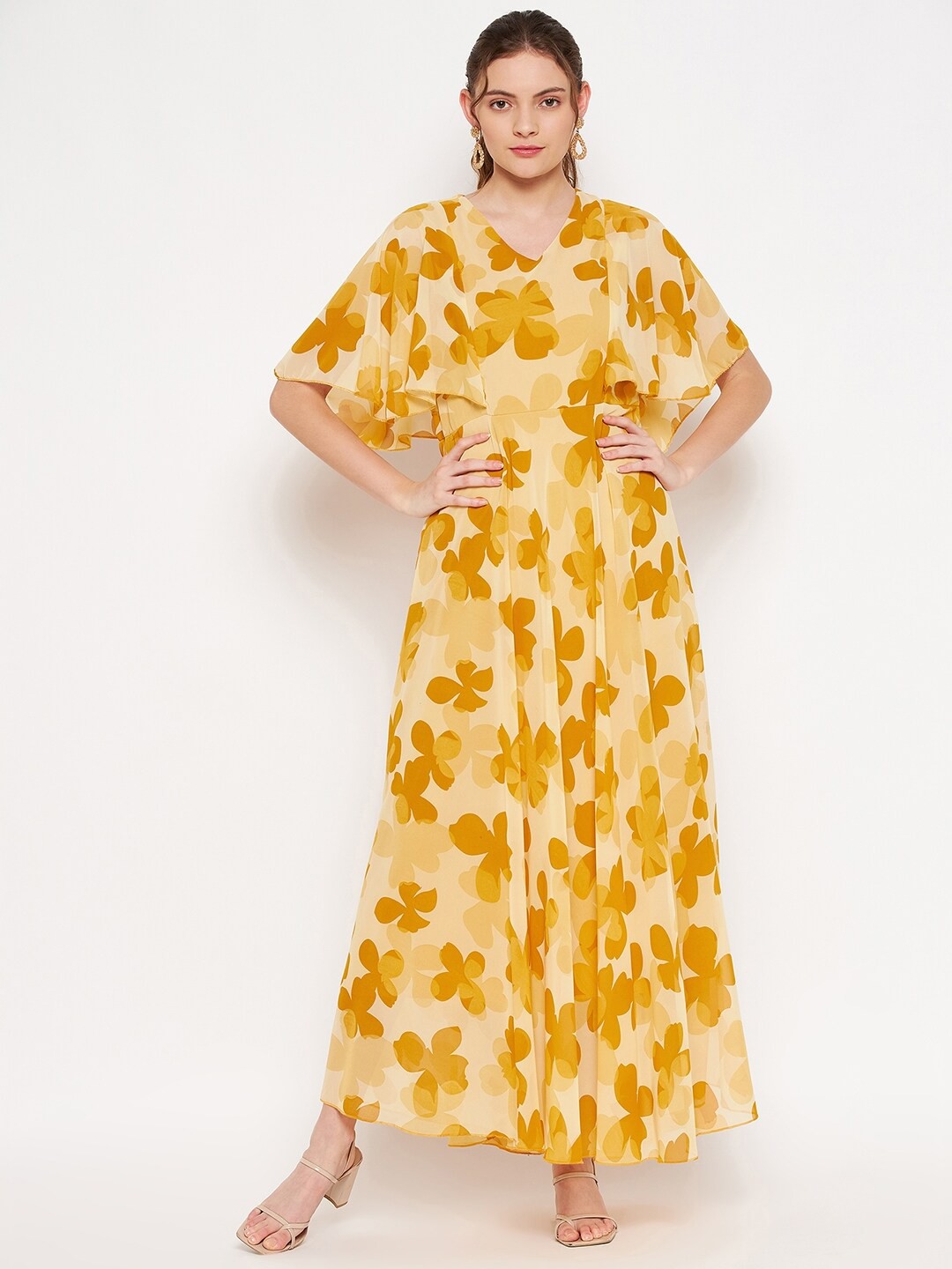 

HELLO DESIGN Mustard Yellow & Yellow Floral Georgette Maxi Dress