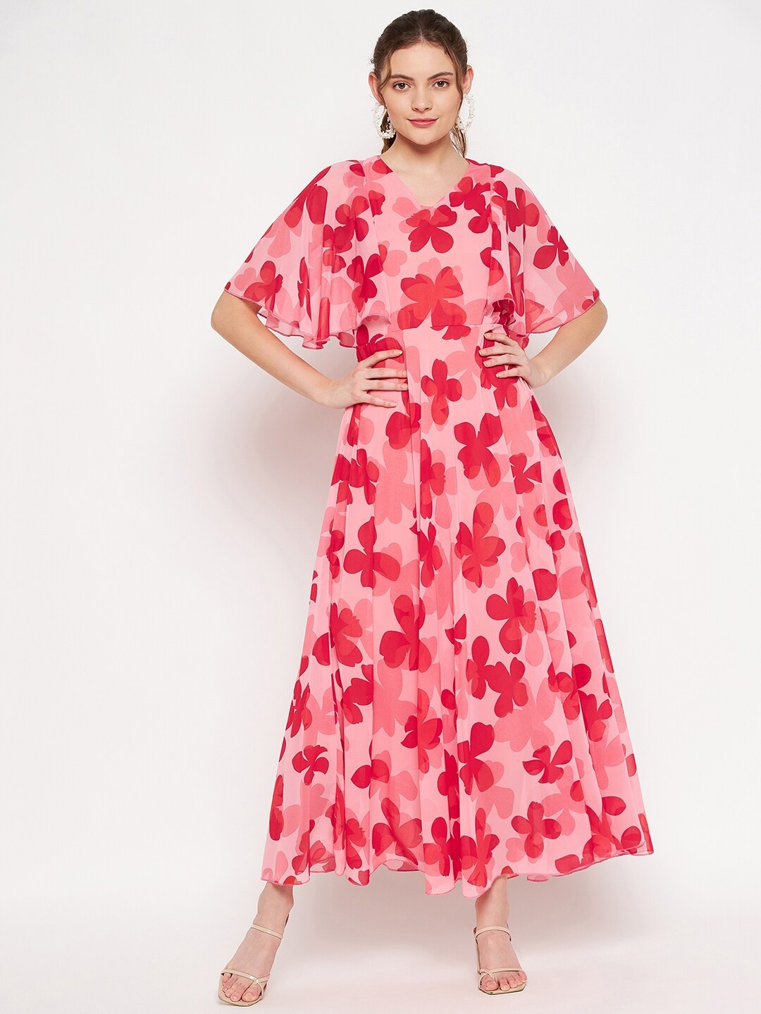 

HELLO DESIGN Pink & Red Floral Georgette Maxi Dress