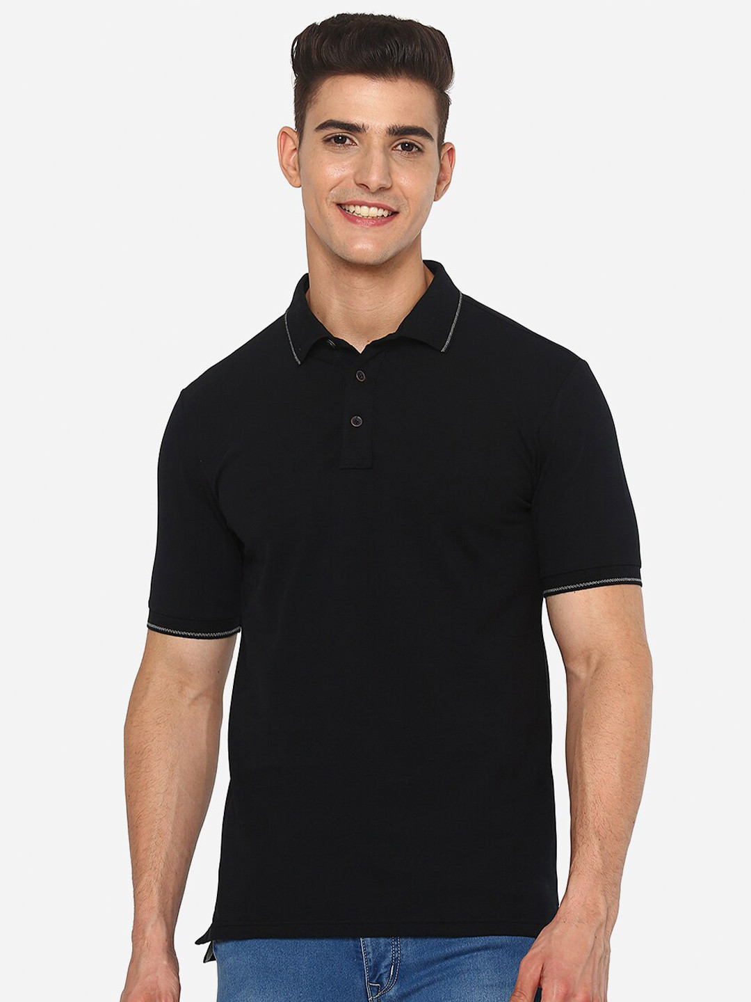 

JADE BLUE Men Black Polo Collar Slim Fit T-shirt
