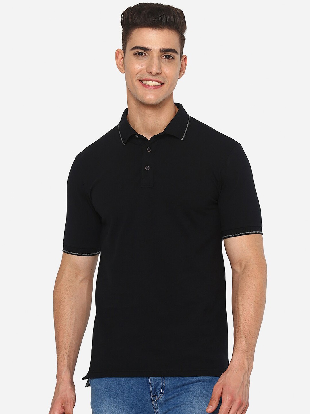 

JADE BLUE Men Black Polo Collar Slim Fit T-shirt