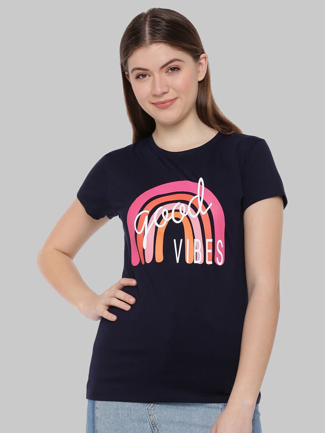 

Dollar Missy Women Navy Blue & Pink Printed Cotton Anti Odour Slim Fit T-shirt