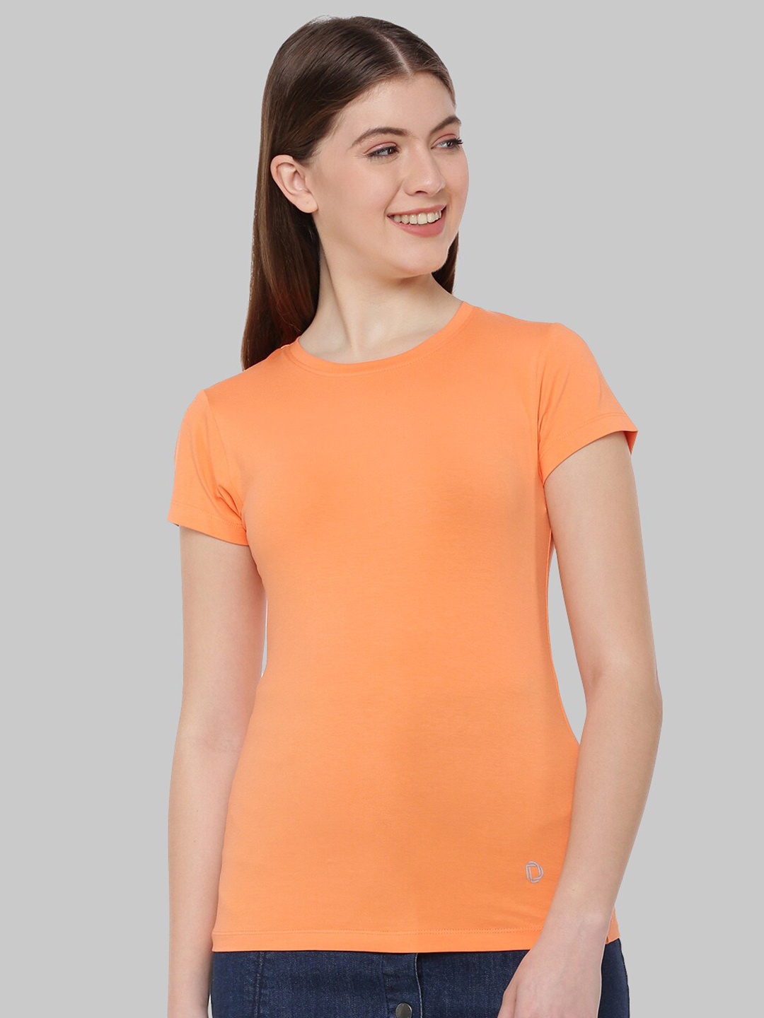 

Dollar Missy Women Peach-Coloured Anti Odour Slim Fit Cotton T-shirt