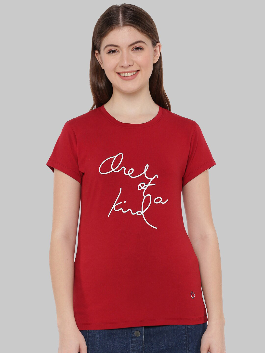 

Dollar Missy Women Red Typography Printed Anti Odour Slim Fit Cotton T-shirt