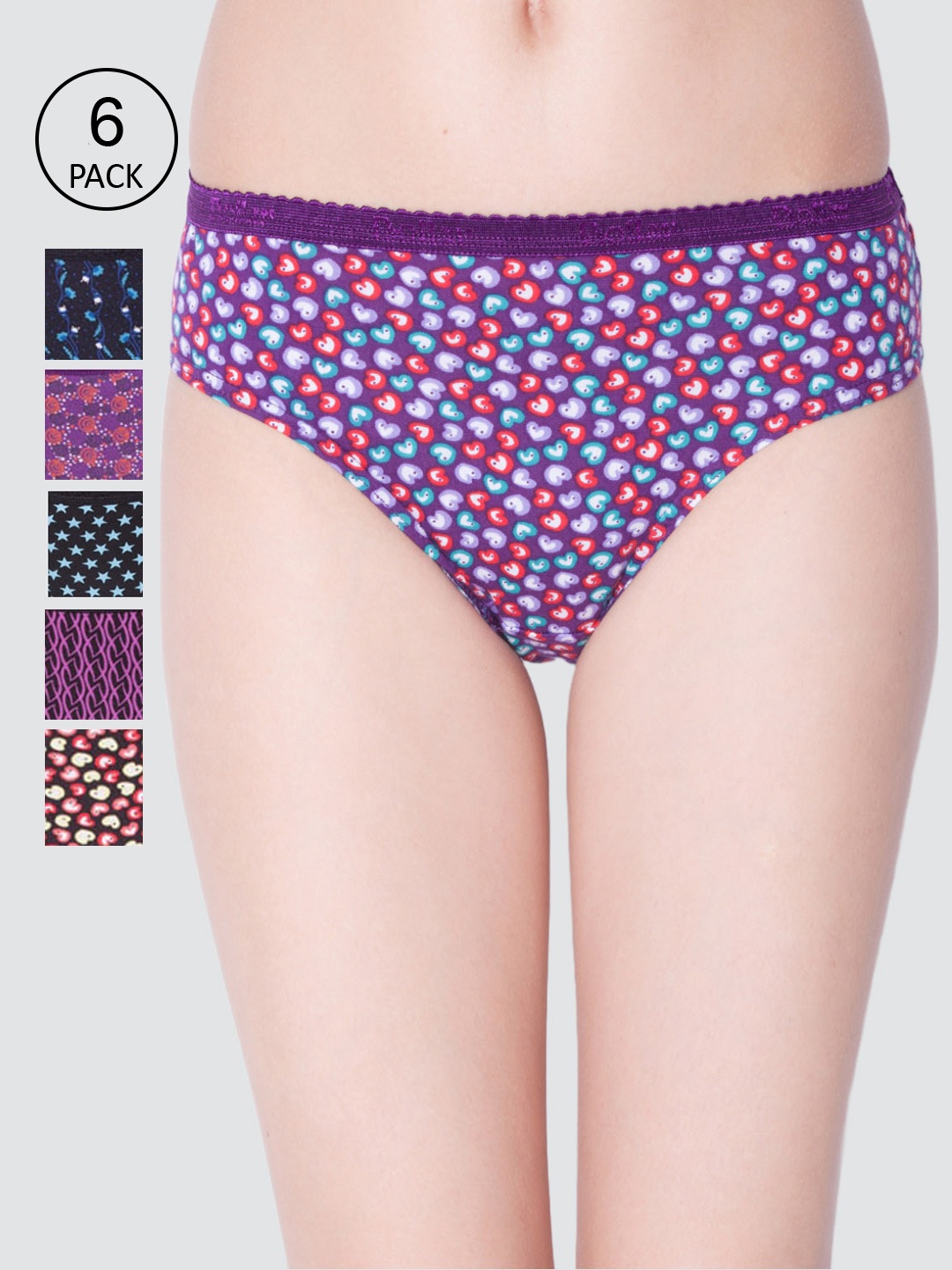 

Dollar Missy Women Pack Of 6 Purple & Black Printed Cotton Basic Briefs