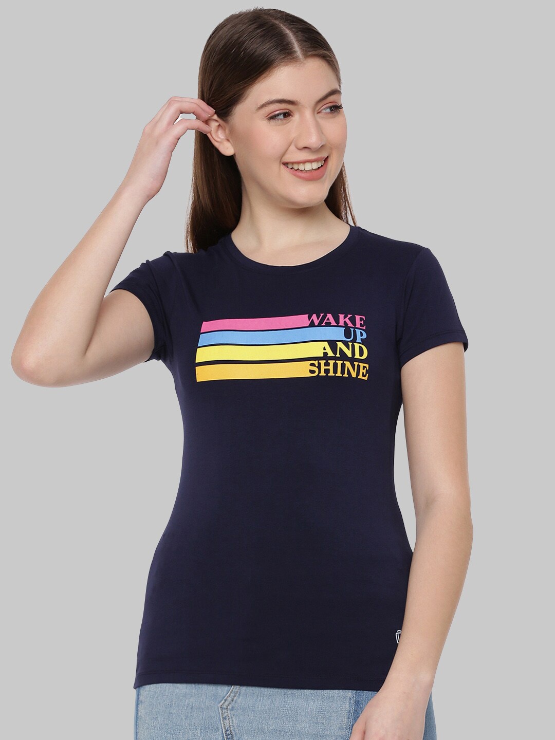 

Dollar Missy Women Navy Blue Typography Printed Anti Odour Slim Fit Cotton T-shirt