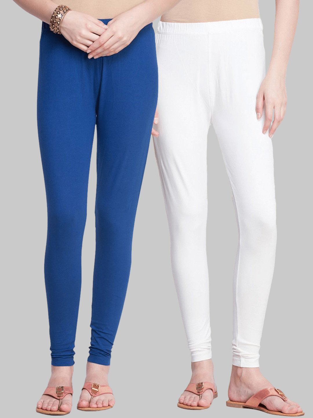

Dollar Missy Women Pack Of 2 Off-White & Blue Solid Slim-Fit Cotton Ankle-Length Leggings