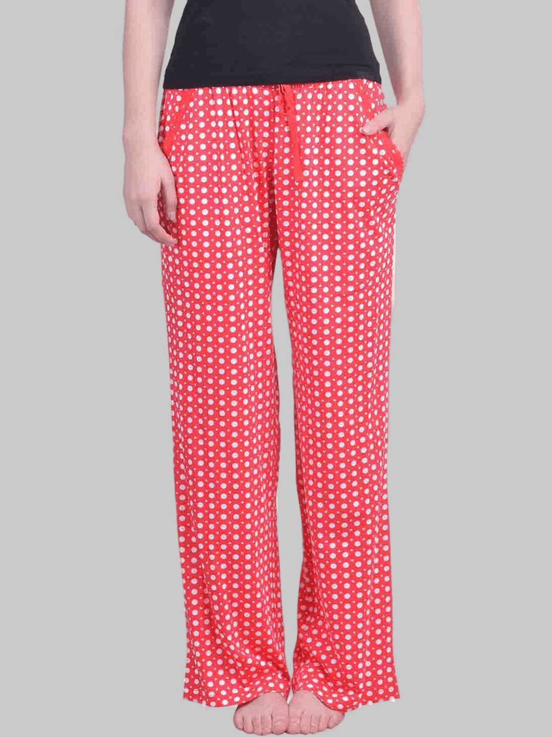 

Dollar Missy Women Red & White Polka Dots Printed Cotton Lounge Pants