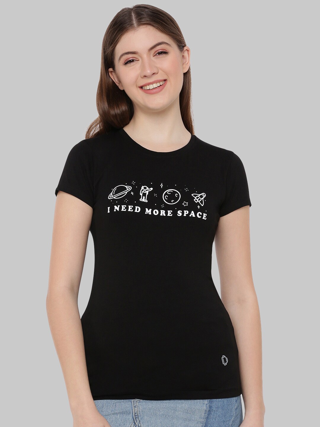 

Dollar Missy Women Black Typography Printed Extended Sleeves Anti Odour Slim Fit T-shirt