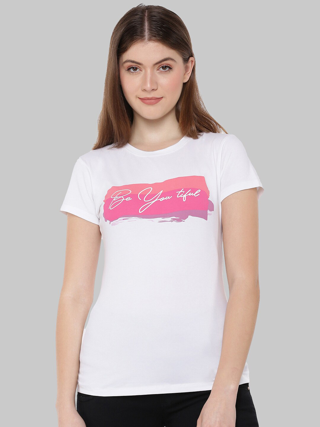 

Dollar Missy Women White Typography Printed Anti Odour Slim Fit T-shirt