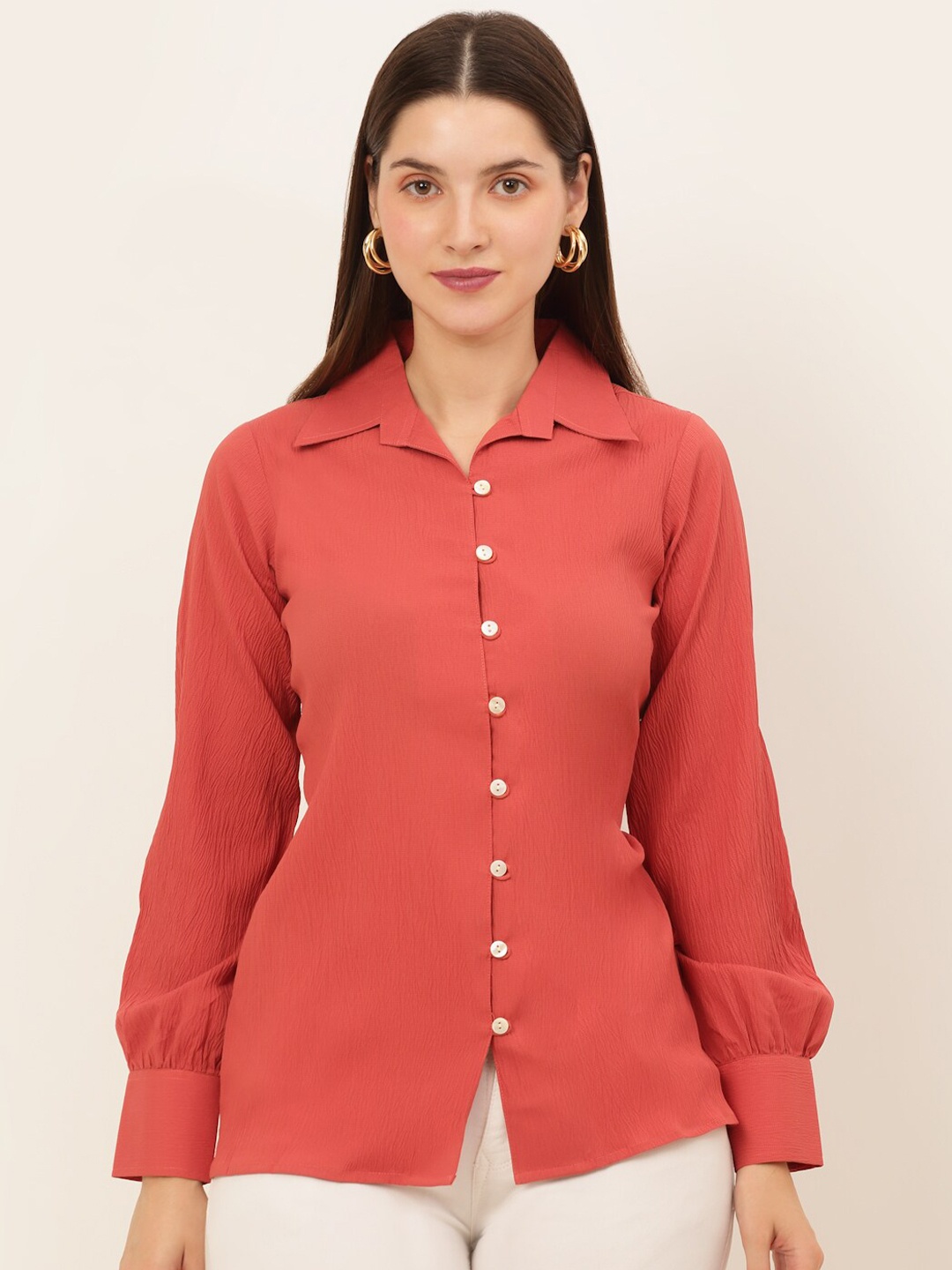 

JAINISH Women Peach-Coloured Solid Classic Semiformal Shirt