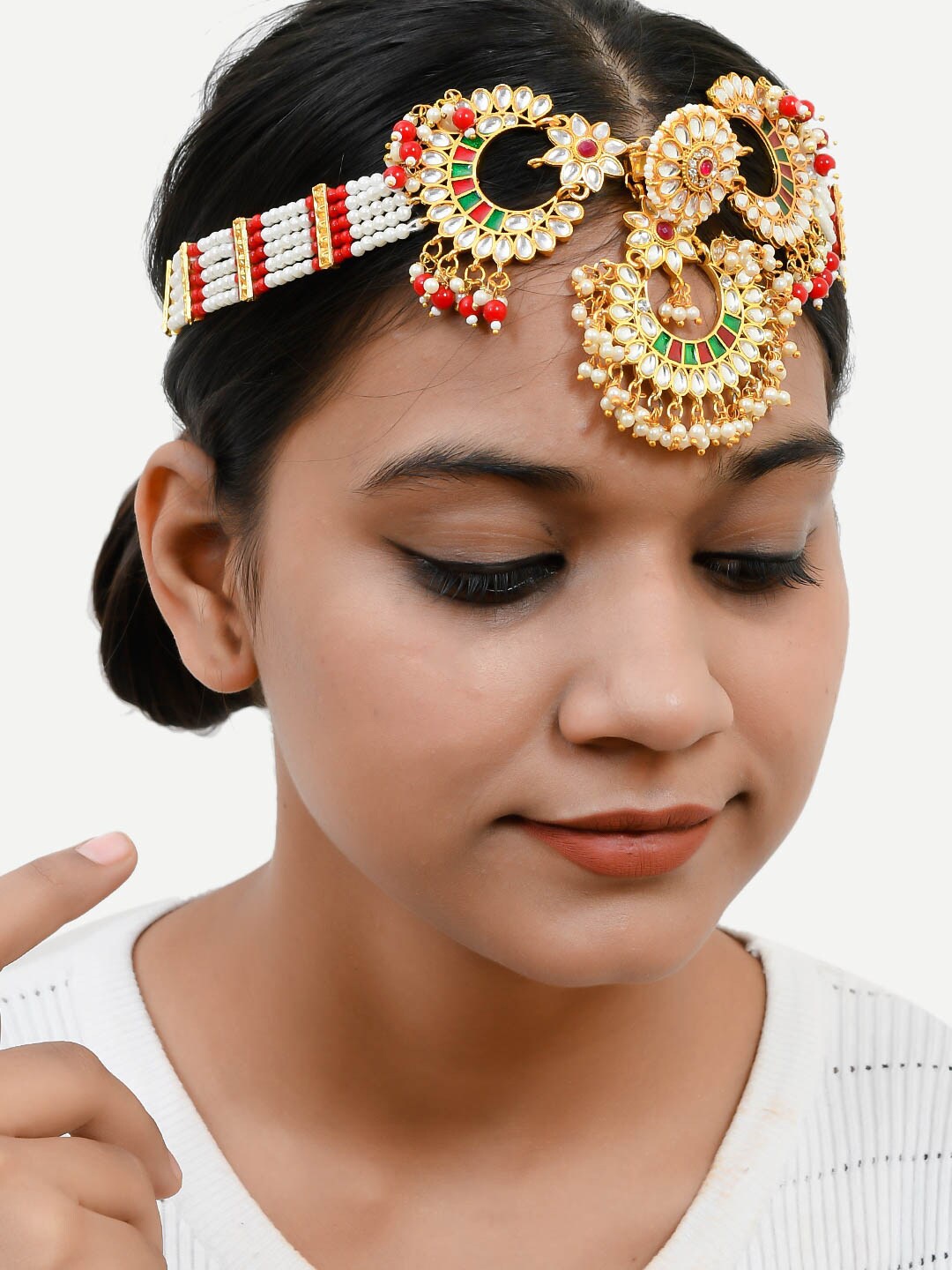 

Silvermerc Designs Gold-Plated Green & Red Kundan-Studded & Beaded Sheeshphool Matha Patti