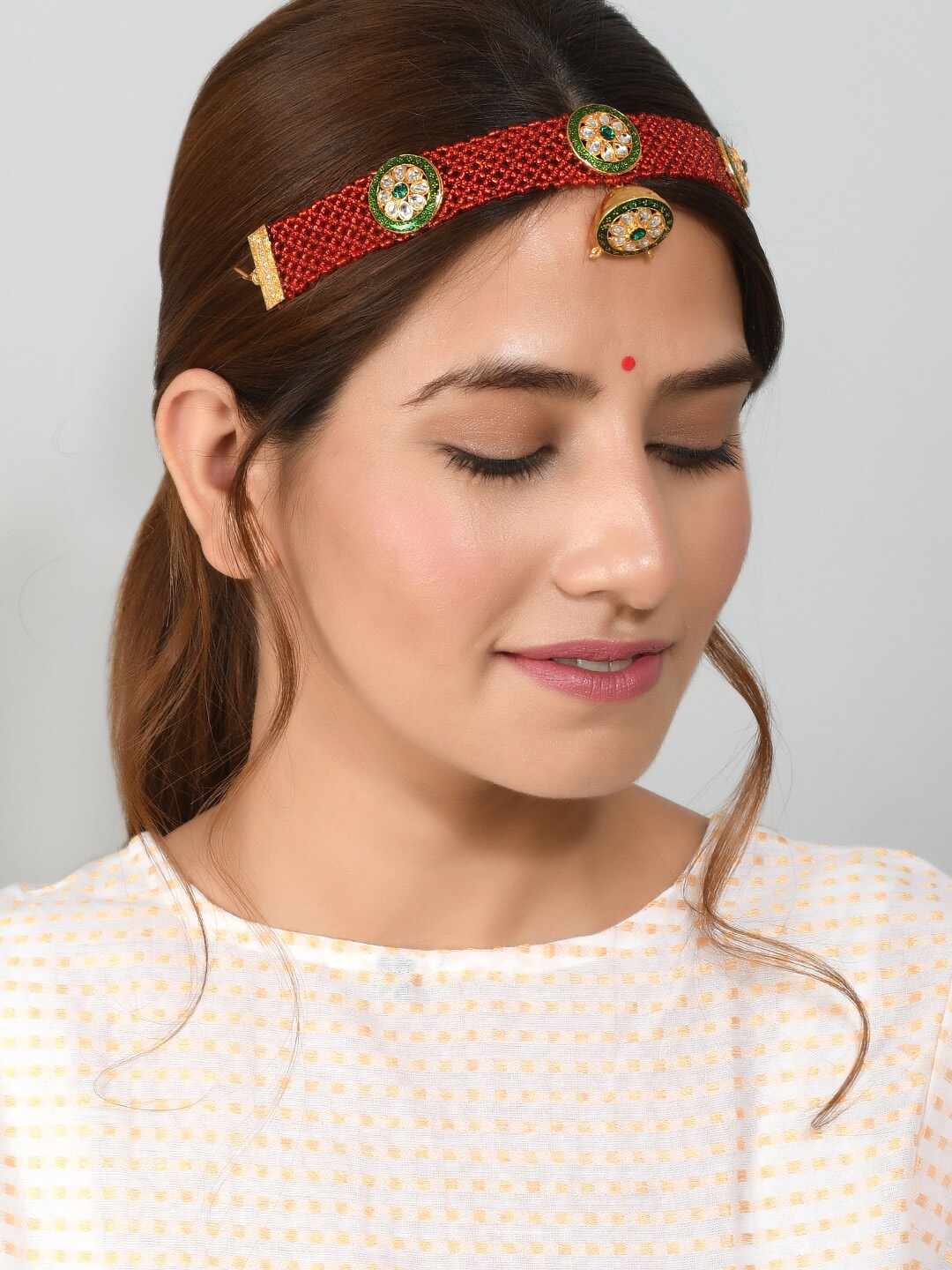 Silvermerc Designs Gold-Plated Red & Green Stone & Beaded Sheeshphool Matha Patti
