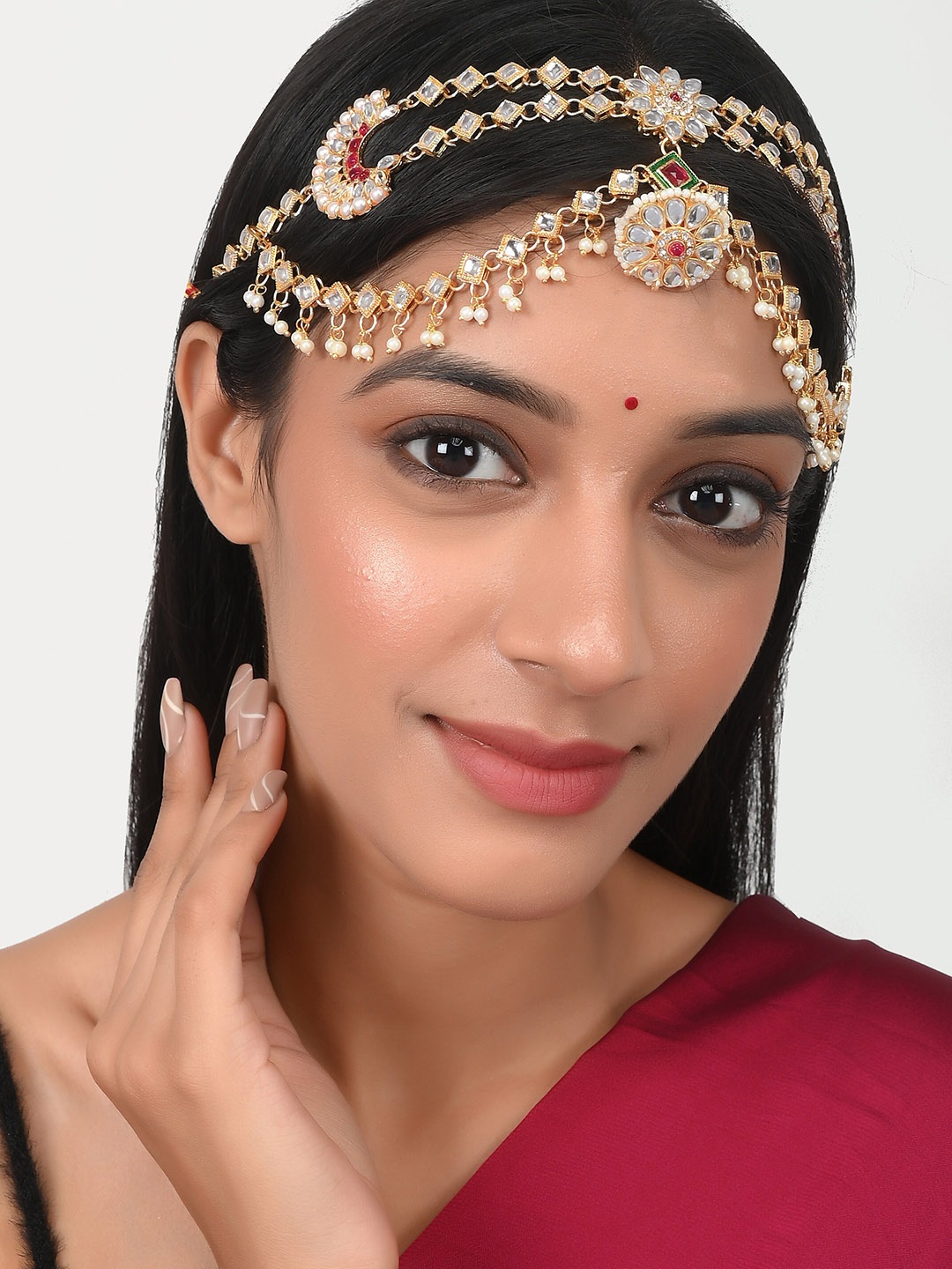 

Silvermerc Designs Gold-Plated & White Kundan Studded Sheeshapol