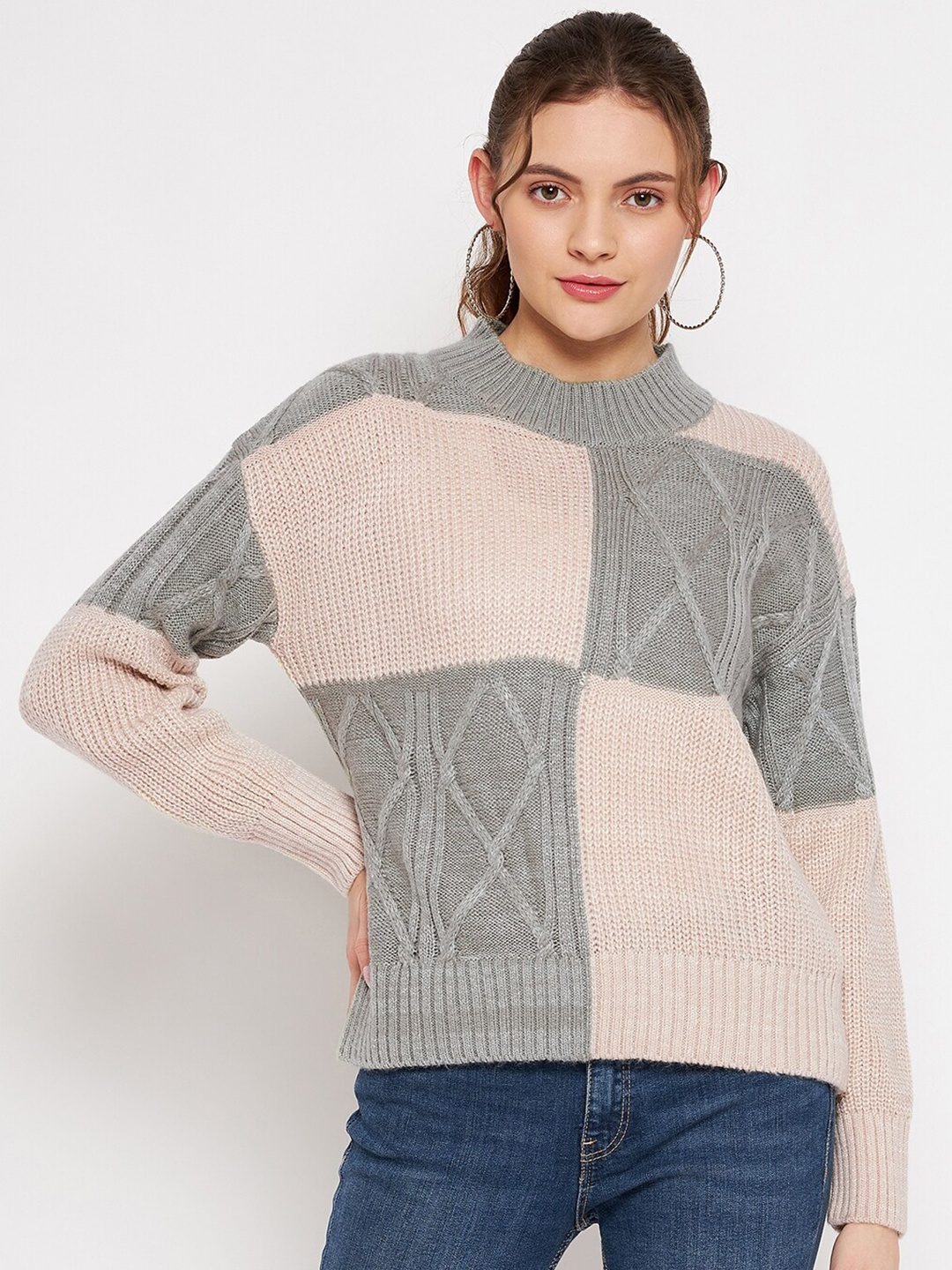 

CAMLA Women Sea Green & Beige Cable Knit Colourblocked Pullover Sweater