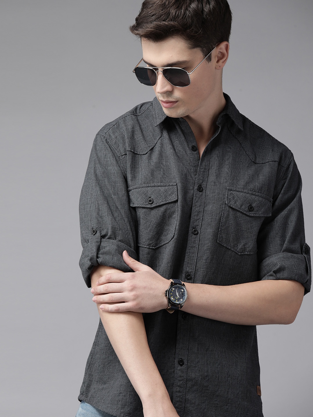 

Roadster Men Charcoal Comfort Checked Casual Shirt