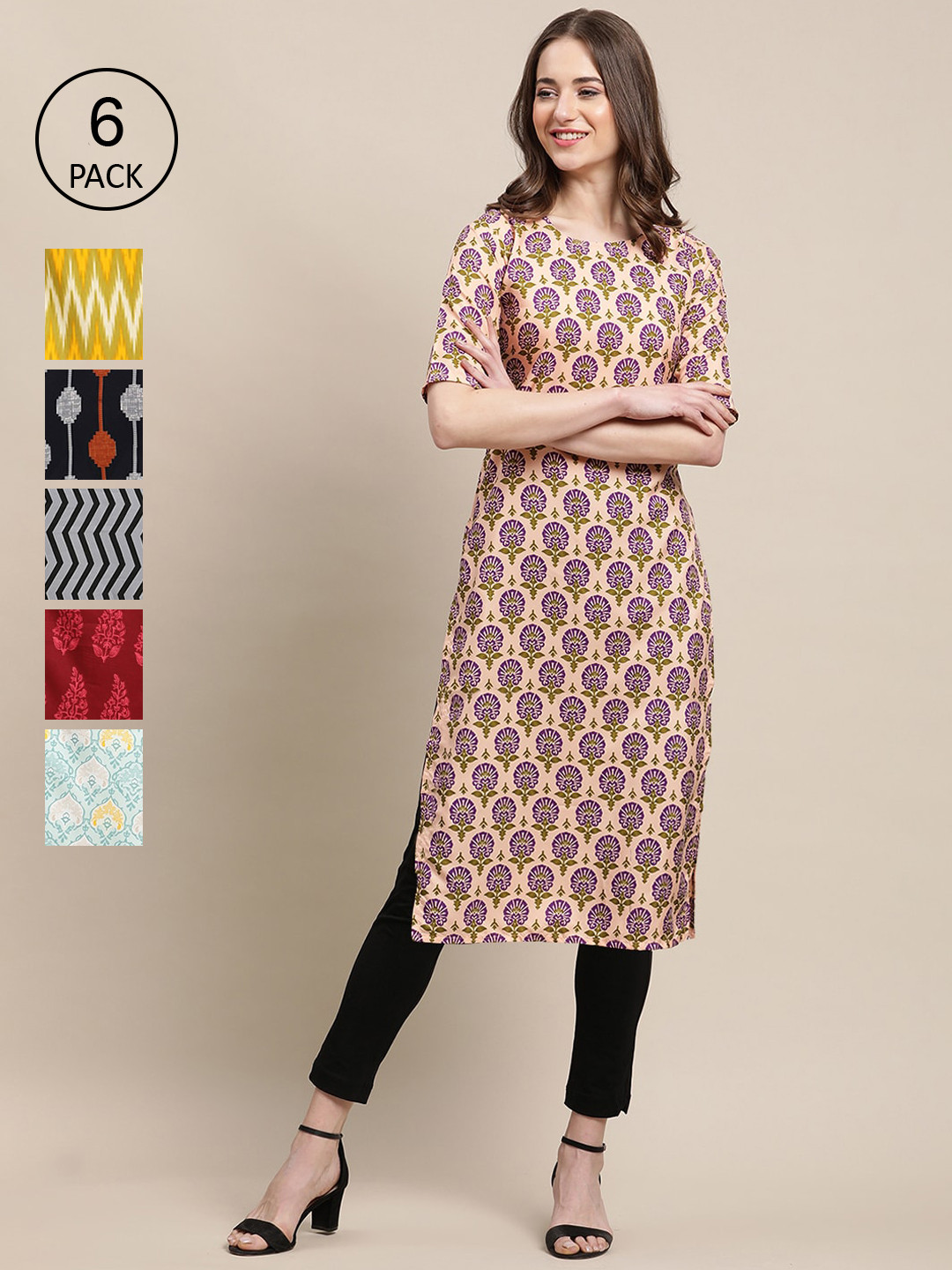 

7Threads Women PACK OF 6 Brown & Yellow Ethnic Motifs Printed Crepe Kurta