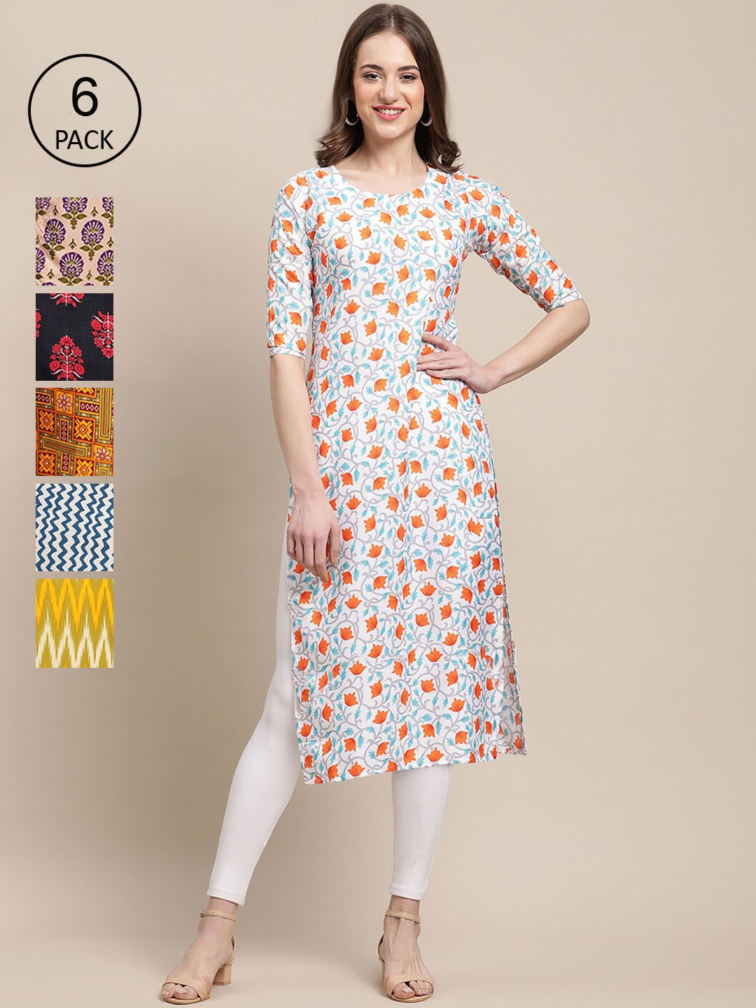 

7Threads Women Pack of 6 Floral Printed Summer Sheers Crepe Kurta, Multi