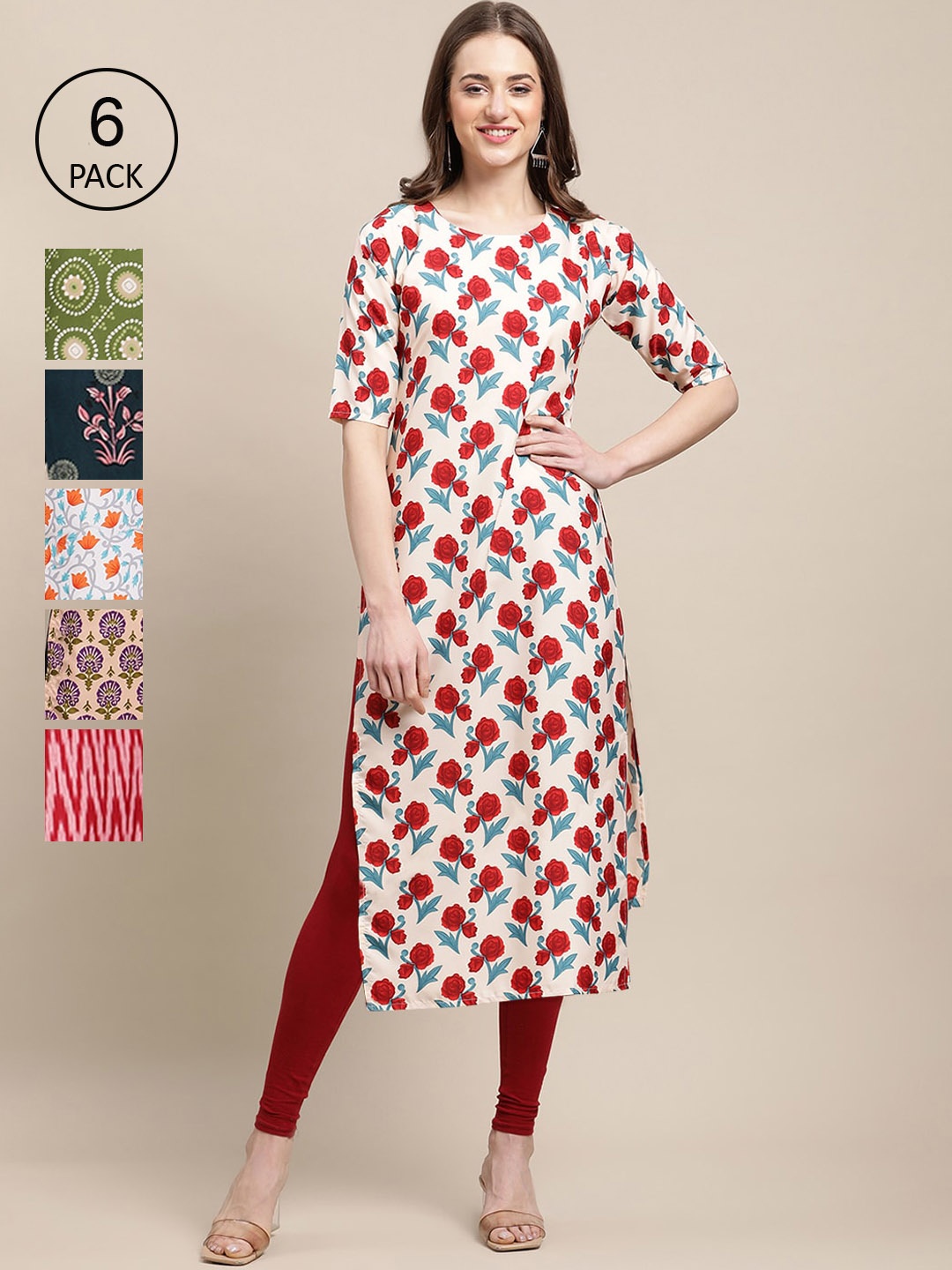 7Threads Women Pack of 6 Floral Printed Summer Sheers Crepe Kurta, Multi