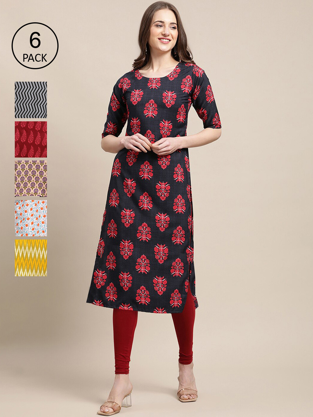 

7Threads Women Pack of 6 Floral Printed Summer Sheers Crepe Kurta, Black