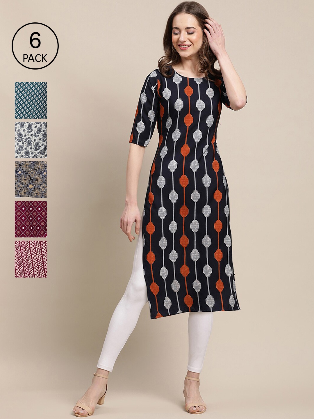 7Threads Women Pack of 6 Floral Printed Summer Sheers Crepe Kurta, Multi