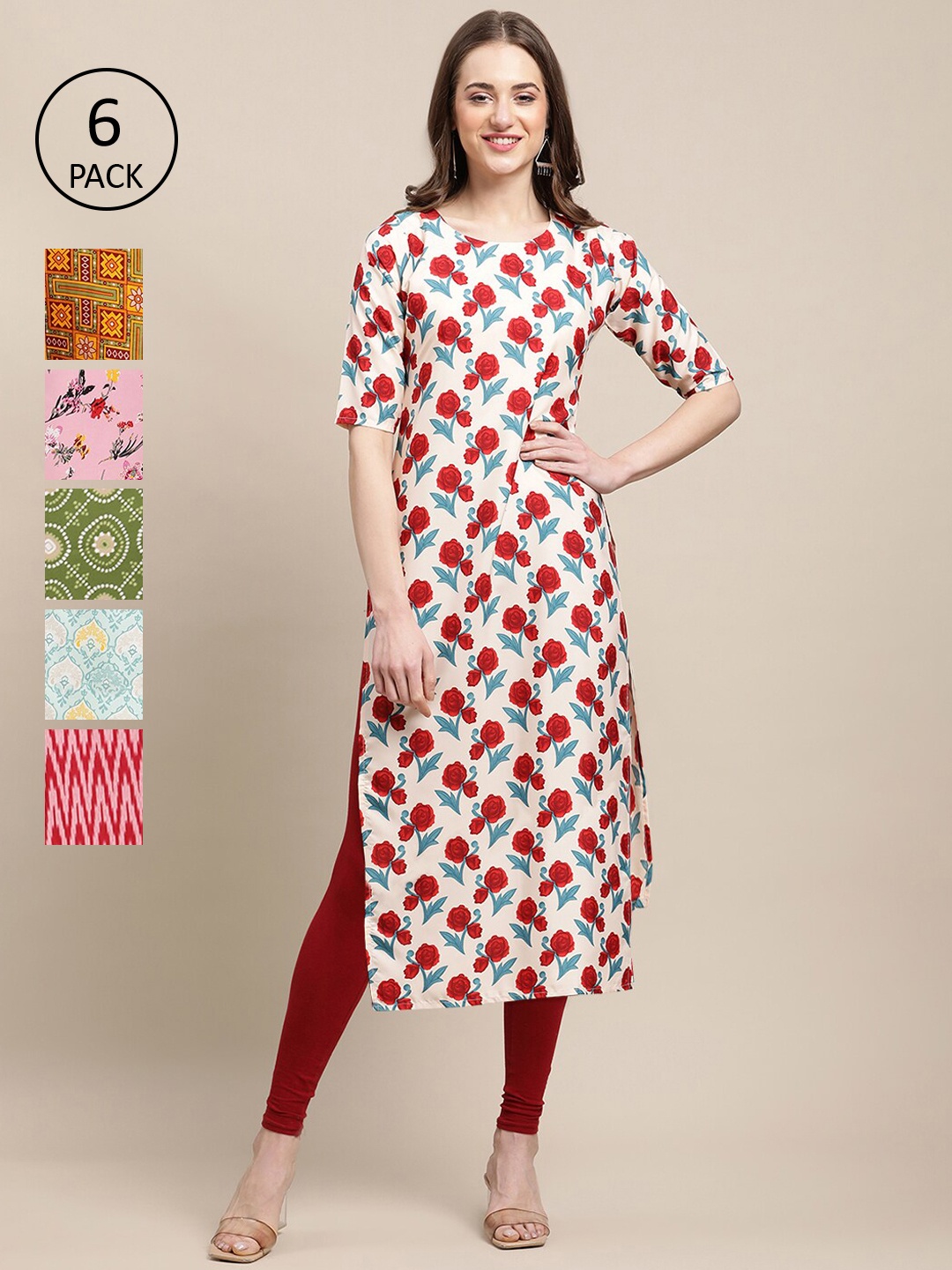 

7Threads Women Pack of 6 Floral Printed Summer Sheers Crepe Kurta, Red