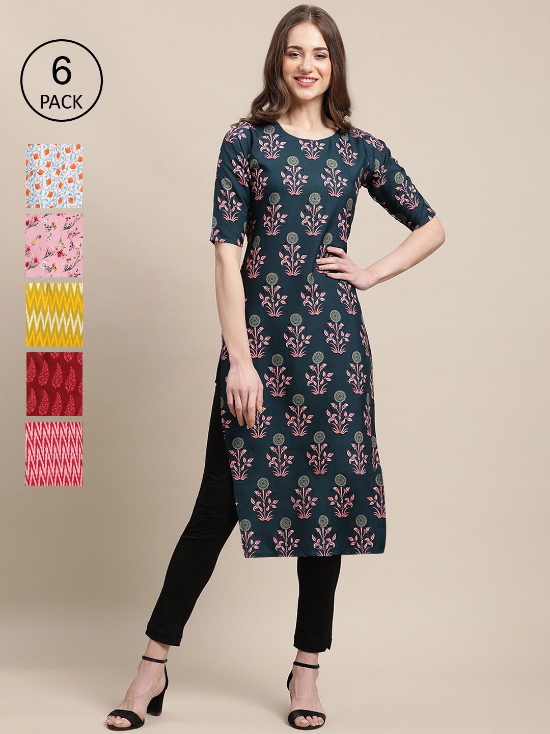 

7Threads Women Pack Of 6 Multicoloured Ethnic motifs Printed Crepe Kurta, Multi