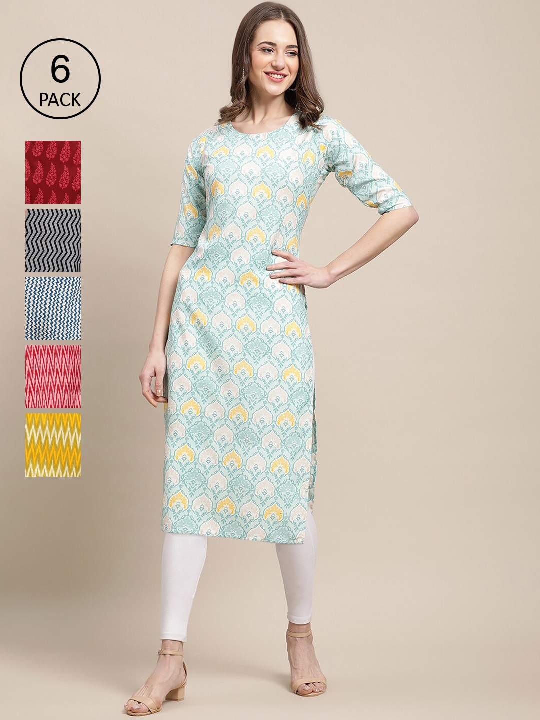

7Threads Women Pack Of 6 Ethnic motifs Printed Crepe Kurta, Blue